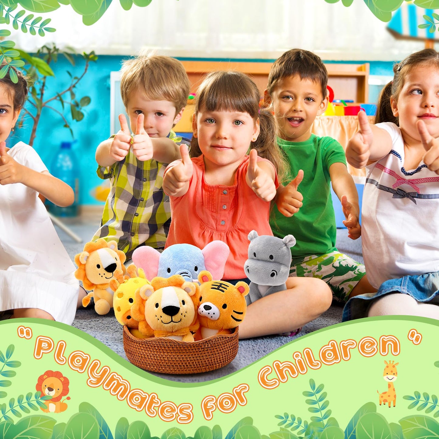 RoundFunny 6 Pcs Small Stuffed Safari Animals Bulk, 7 Inch Jungle Animals Stuffed Toys, Adorable Plush Lion Zebra Giraffe Tiger Hippo Elephant for Baby Shower Safari Jungle Themed Party Student Award