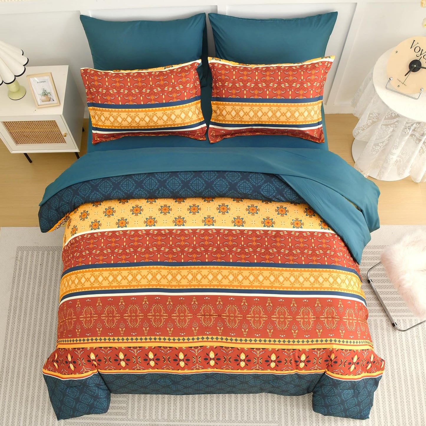 WONGS BEDDING Boho Comforter Set Queen Size,7 Pieces Bed in a Bag Bohemian Striped Bedding Set,Burnt Orange Paisley Floral Comfortet and Sheet Set,Soft Microfiber Bedding Sets for All Season