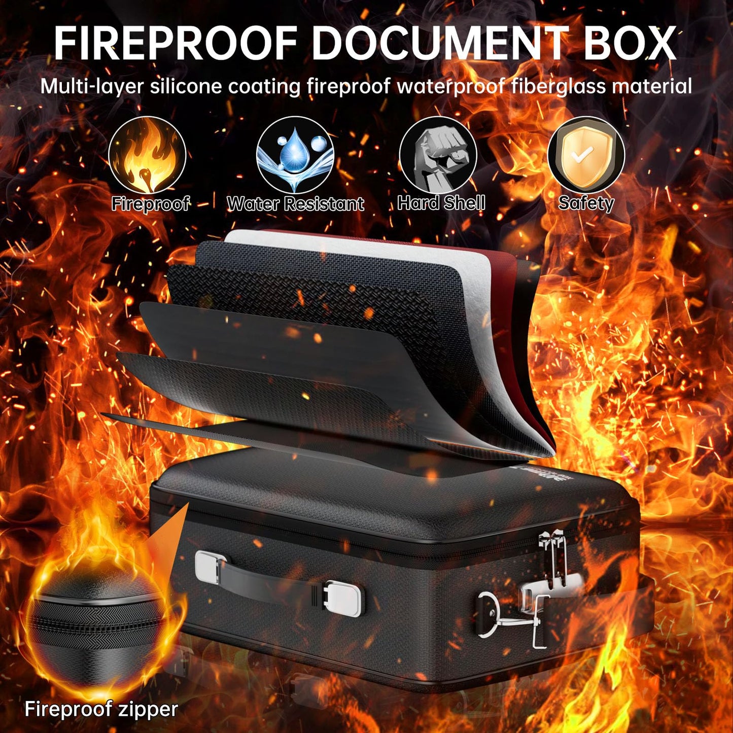 Tamfile Fireproof Document Box, Hard Case 5200°F Fireproof Water Safe File Box with Lock, 8-Layer Fireproof Safe File Organizer for Important Documents, Valuables, Laptop, Passports (Black)