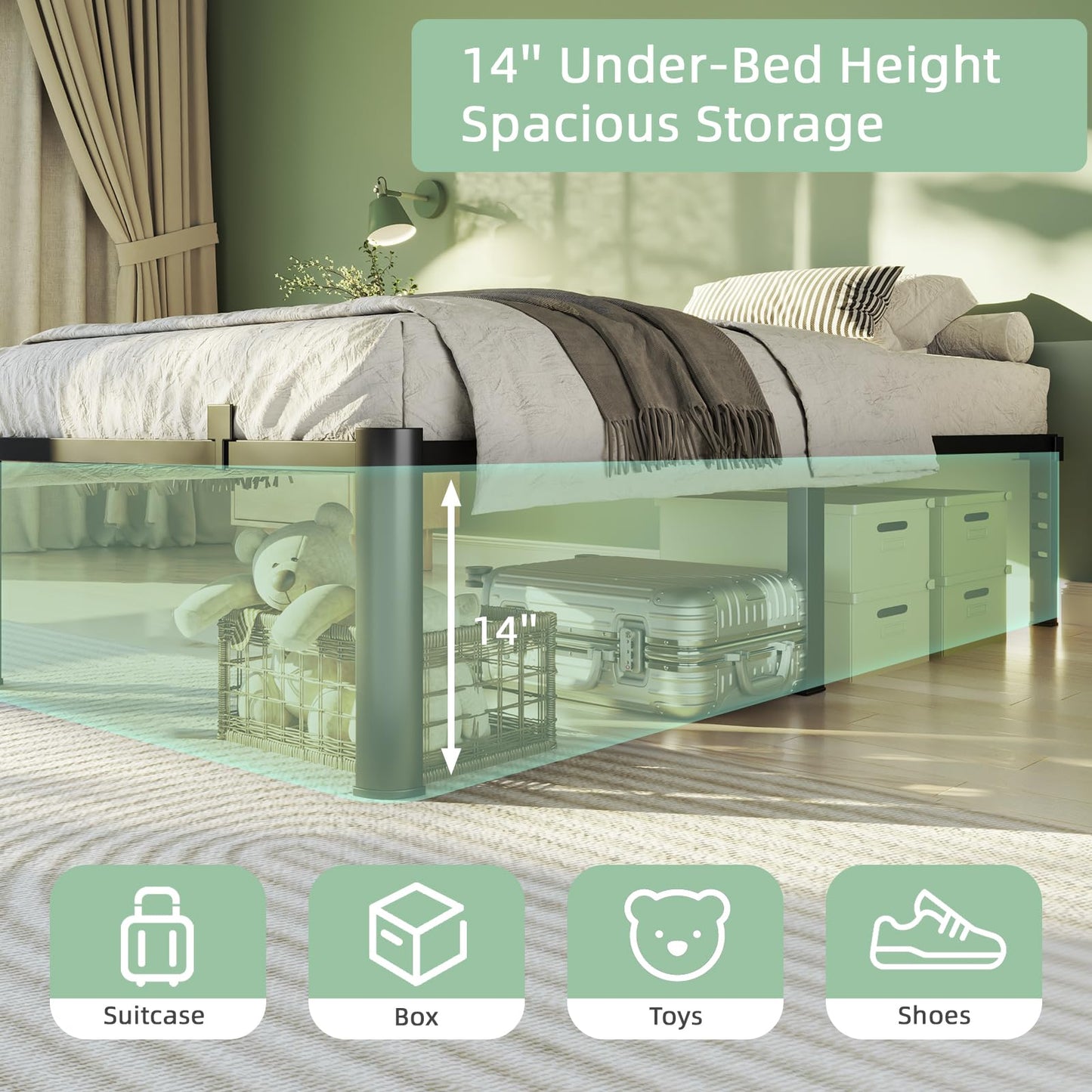 Cozy City Twin Size Bed Frame, 14 Inch Heavy Duty Metal Platform Bed Frame, Noise Free Steel Mattress Foundation, No Box Spring Needed, Spacious Under Bed Space