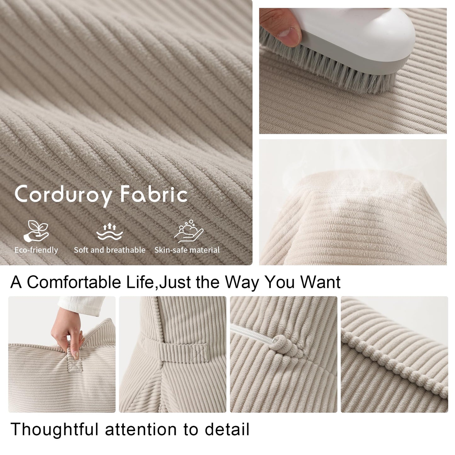 Ailuteie Pat. Pend. Corduroy Lumbar Support Back Pillow for Watching TV, Reading & Gaming, Ergonomic Triangle Support Cushion for Sofa, Armchair & Bed Sitting, Removable Washable Cover, Beige Gray