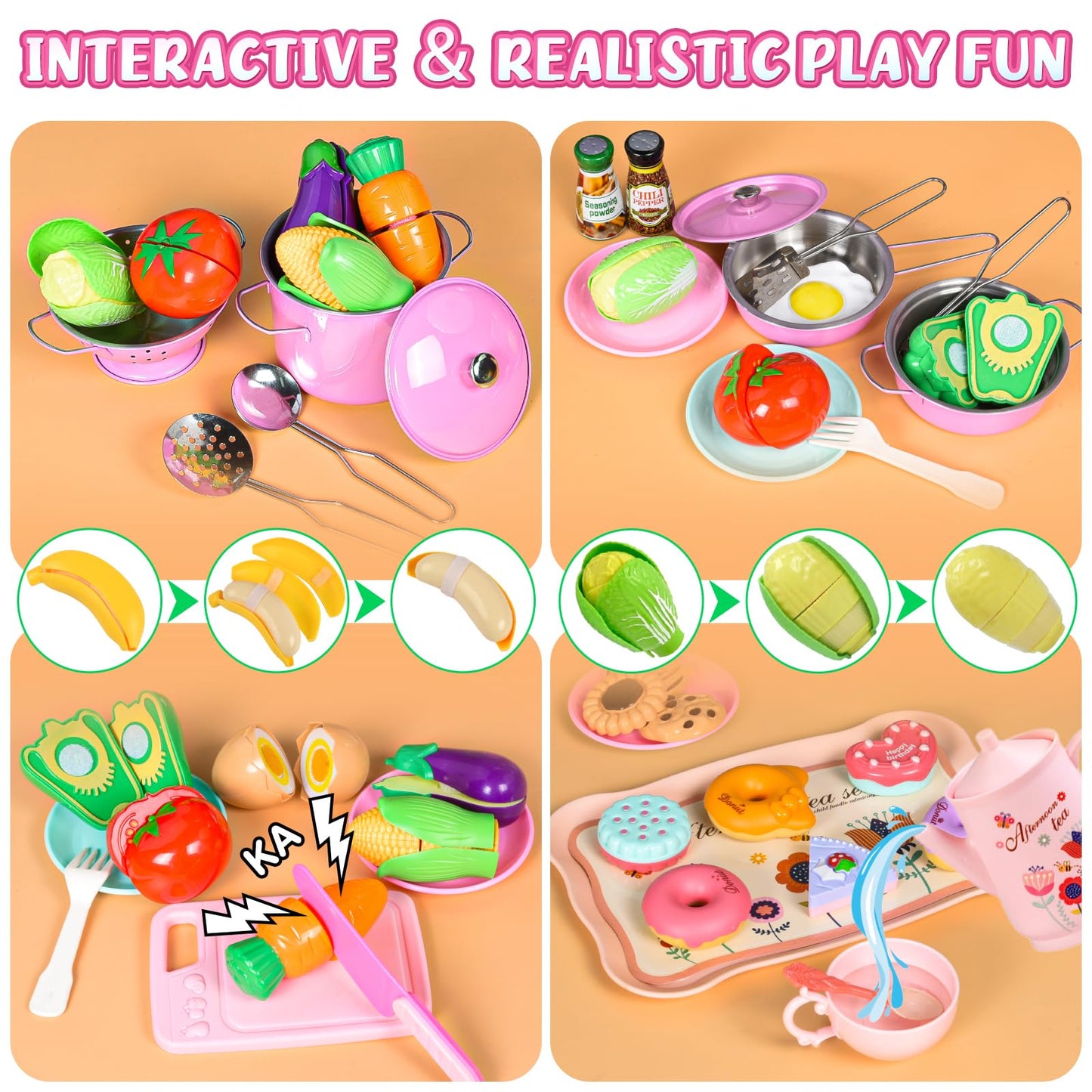 Aojieni 140Pcs Kids Kitchen Accessories, Pretend Play Food Tea Party Set, Toy Kitchen Kids Cooking Real with Apron & Chef Hat, Utensils Cookware Pots & Pans, Toy Organizer, Toddler Toys Gift