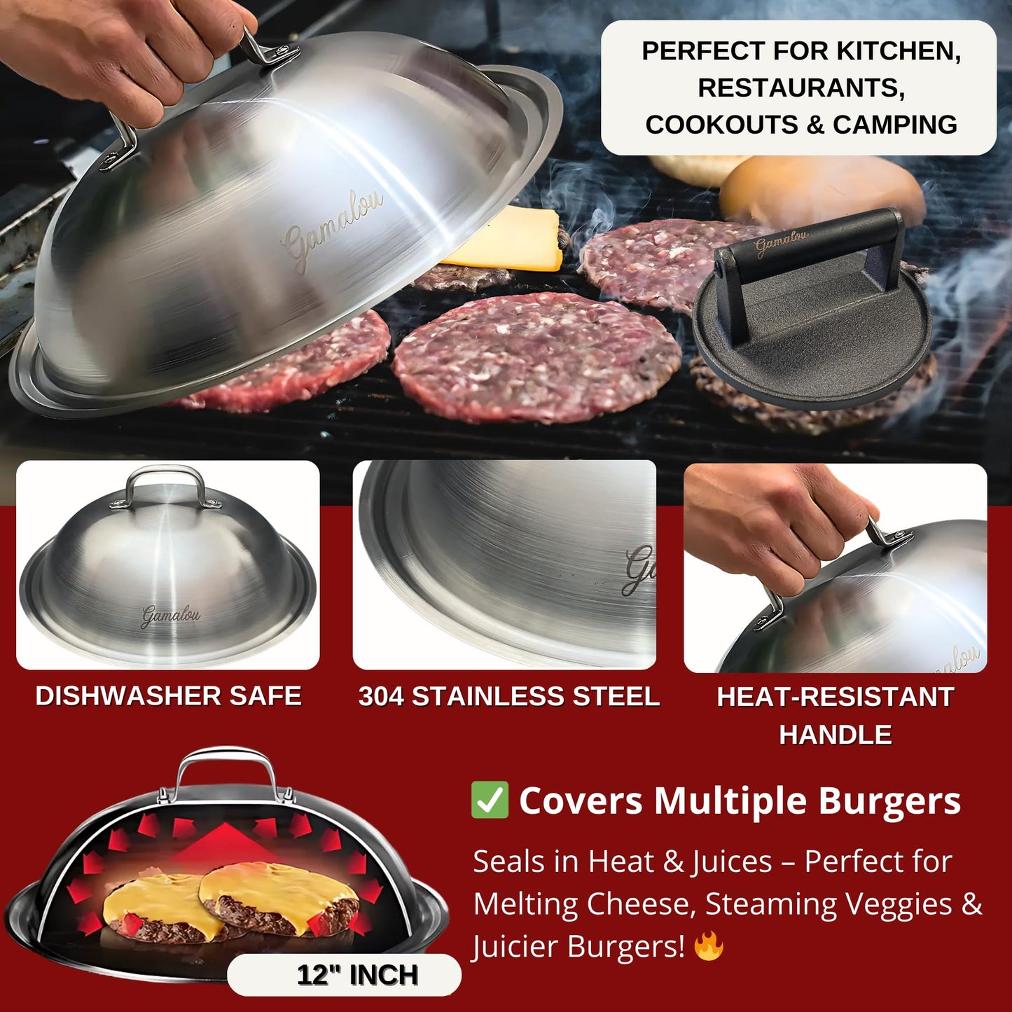 Gamalou® Smash Burger Press Kit: 7" Cast Iron Grill Press, 12" Melting Dome, 3-in-1 Patty Maker, 4.3" Spatula & 4" Scraper, Griddle Accessories for Blackstone, Grills, Flat Top, BBQ, Fry Pan