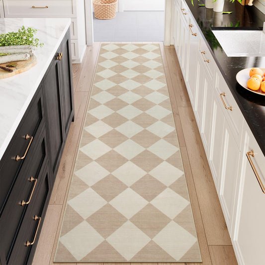 Beeiva Checkered Print Long Hallway Runner Rug Non Slip, Beige Ultra Thin 2.5x10 Washable Runner Rug, Moroccan Trellis Home Decor Faux Wool Neutral Carpet for Bathroom Kitchen Hallways, 10ft
