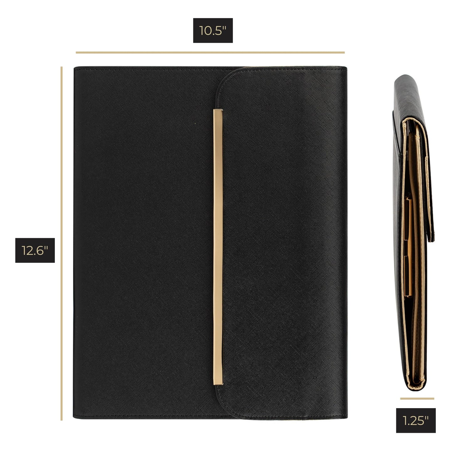 BLU MONACO | Black Vegan Leather Portfolio Binder for Women | Professional Padfolio with Magnetic Closure & Gold Trim | Business Organizer Case for Documents & 8.5 x 11 Notepad