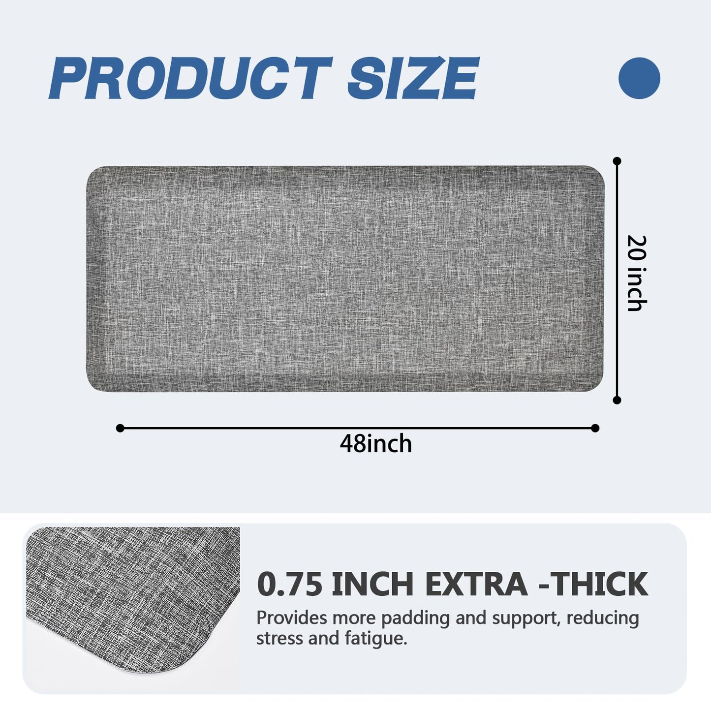 Ergohead Anti Slip 3/4 inchs Anti Fatigue Kitchen Floor Mat, Ergonomic Comfort Standing Mat, Waterproof Kitchen Runner for Home, Kitchen, Office, Laundry, Garage (Light Gray, 24" x 70" -0.75")