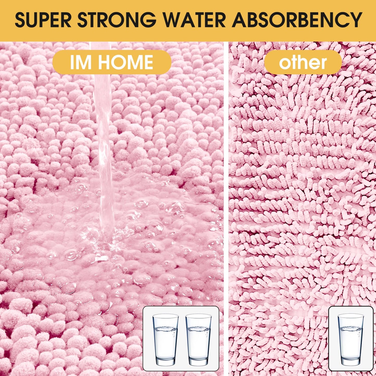 ACCUMTEK Upgrade Extra Large Pink Bathroom Rug Set 3 Pieces Ultra Soft, Thick Absorbent Bath Mats, Non Slip Chenille Toilet Mat for Bathroom, Bedroom, Kitchen