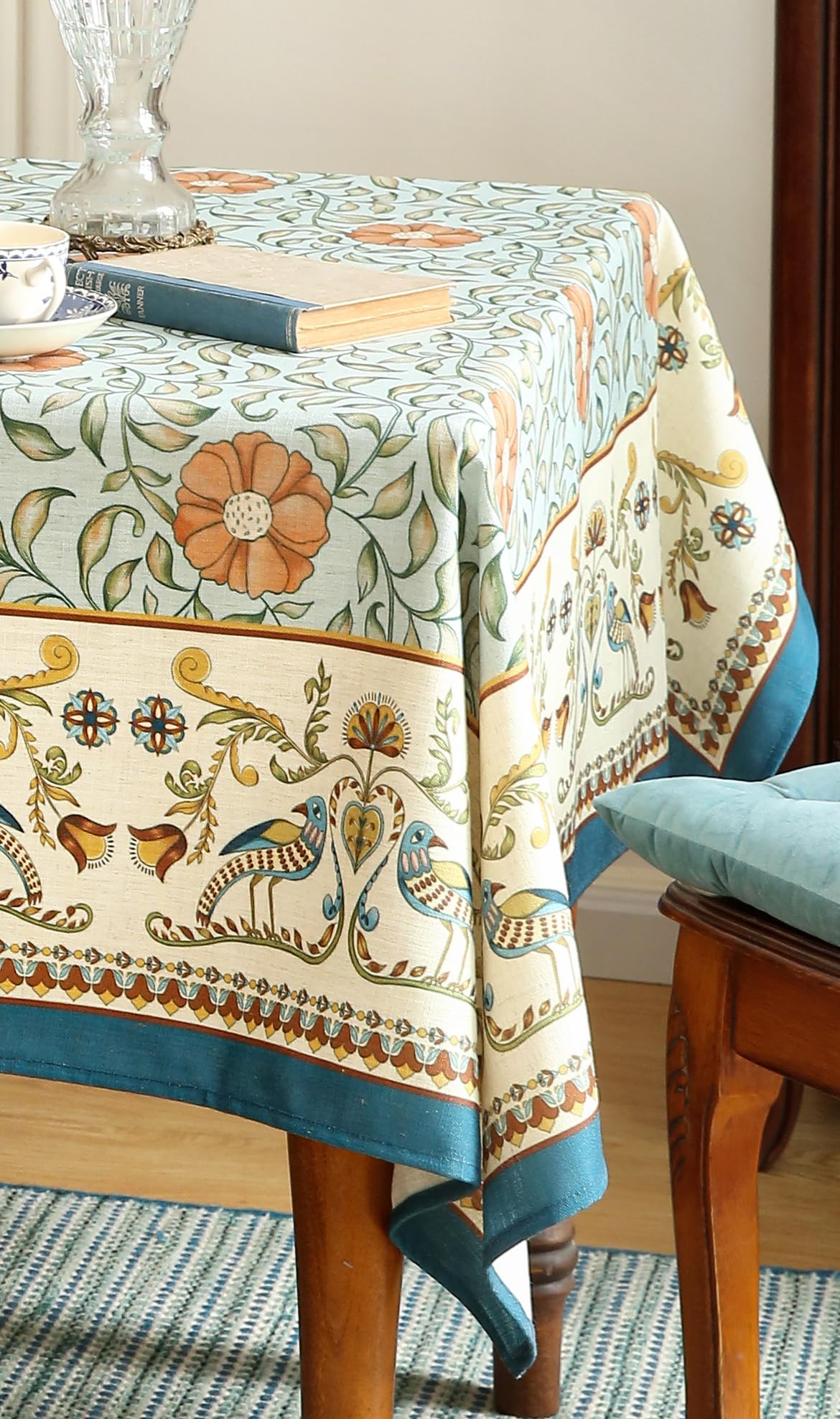 patdrea Designer French Rectangle Table Cloth,Blue Italian Floral Tablecloths,Provencal Country Spring Summer Linen Tablecloth,Wrinkle Free Table Cover for Kitchen Dining,Christmas,55" x 71"