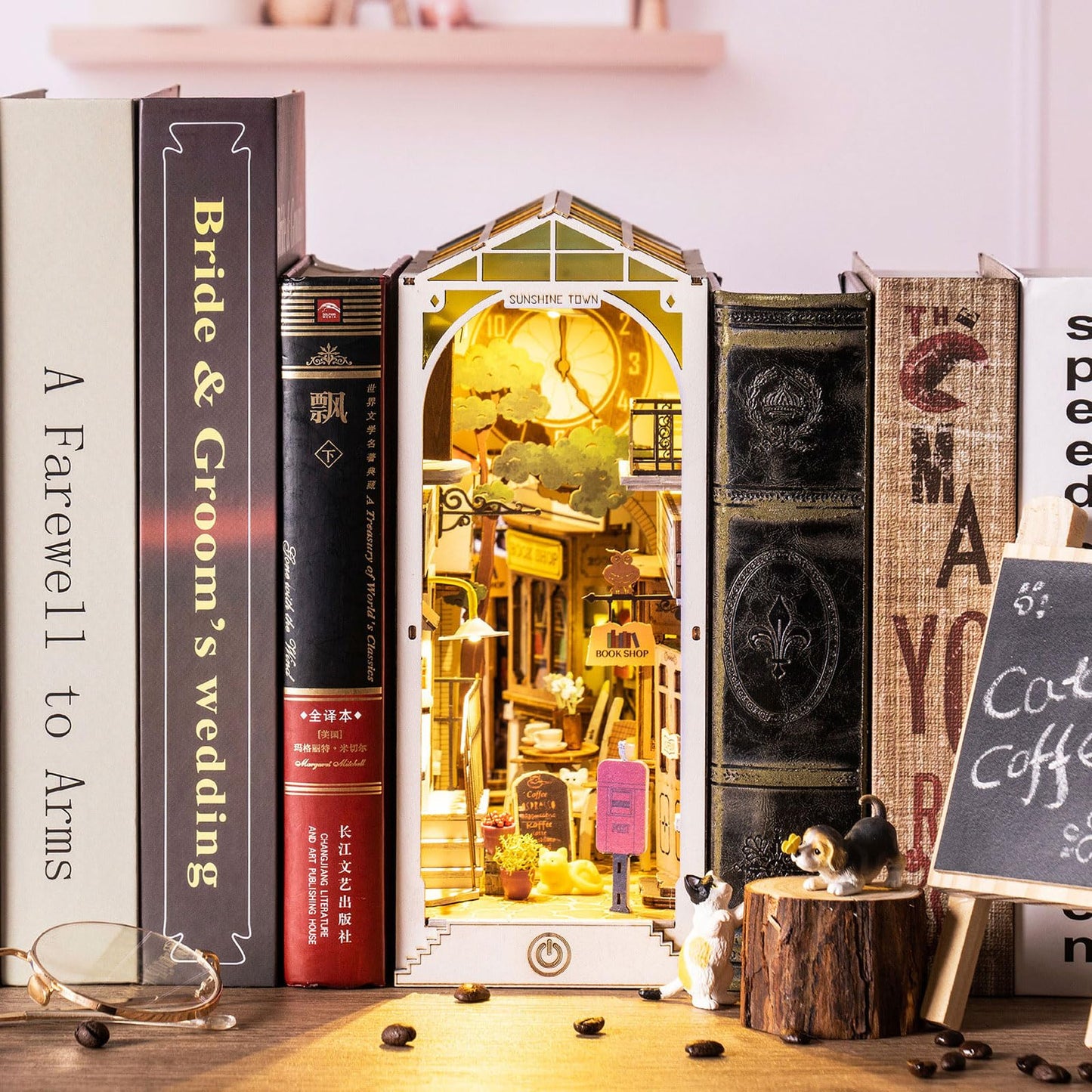 Rolife DIY Book Nook Kit 3D Wooden Puzzle, Bookshelf Indert Decor with LED DIY Bookend Diorama Dollhouse Kit Crafts Hobbies Gifts for Adults/Teens (Sunshine Town)