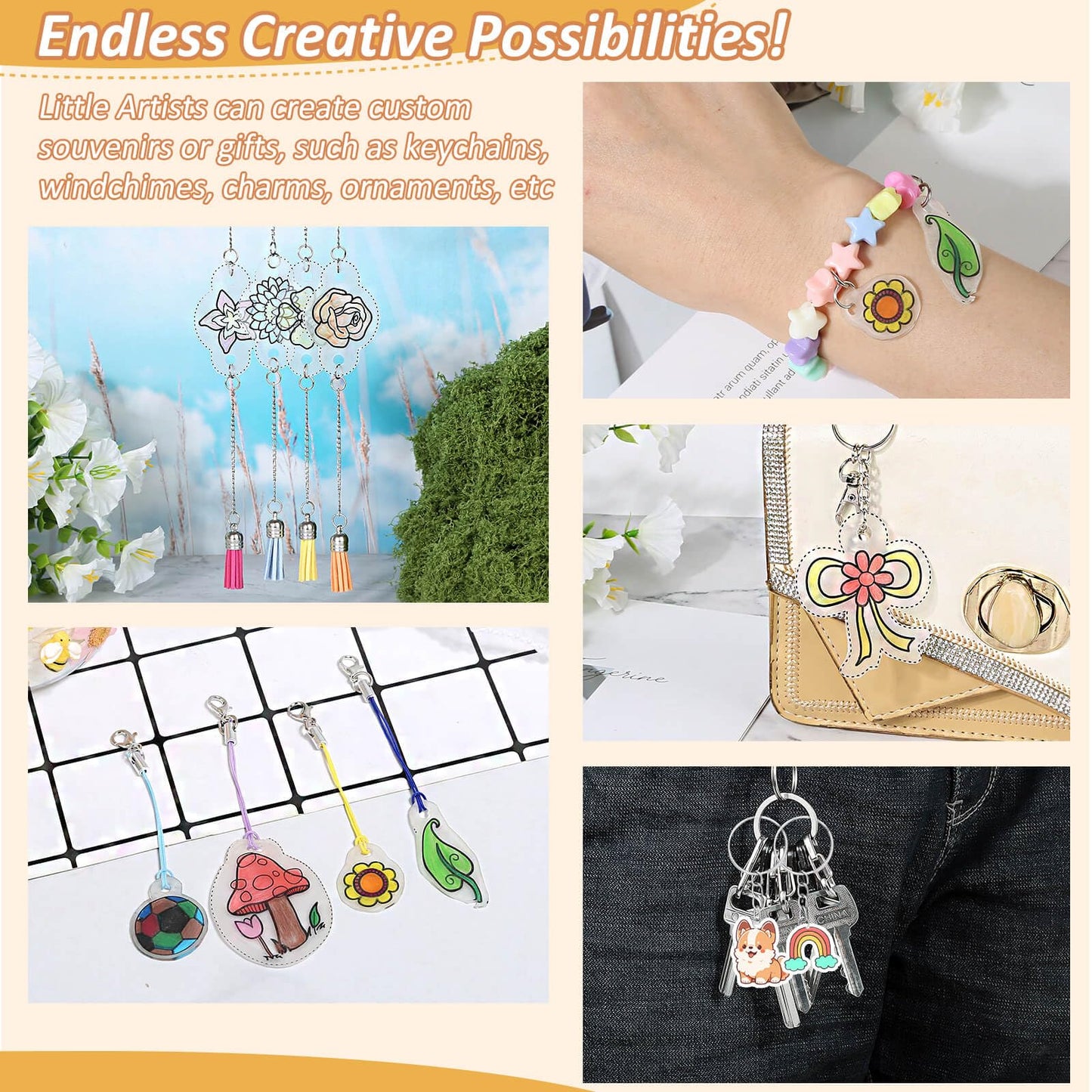 shynek 300 Pieces Shrinky Plastic Sheets Keychain kit, Including Shrinky Paper, Colored Pencils, Tassels, Keychains, Hair Clips, Hole Punch for Creative Crafts