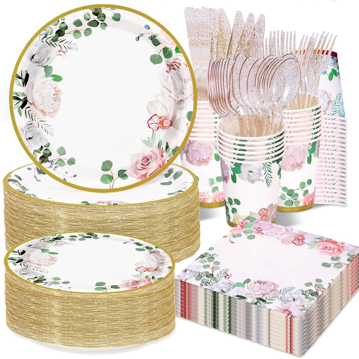 AWLZJZQA 350 PCS Floral Plates and Napkins Party Supplies Serve 50 Flower Disposable Paper Dinnerware Sets for Adults Bridal Shower Decorations Baby Shower Birthday Wedding Engagement Tea