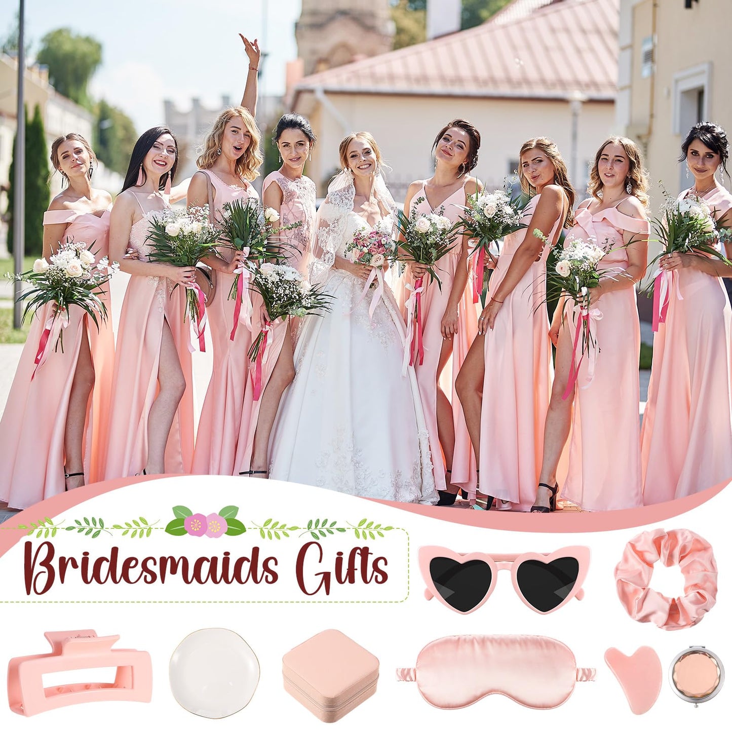 Wavwavw 48 Pcs Bridesmaid Proposal Gifts Scrunchies Square Hair Claws Sunglasses Jewelry Storage Boxes Eye Masks Mini Makeup Mirrors Ceramic Jewelry Trays Gua Sha Facial Tool Bridal Gift for Wedding