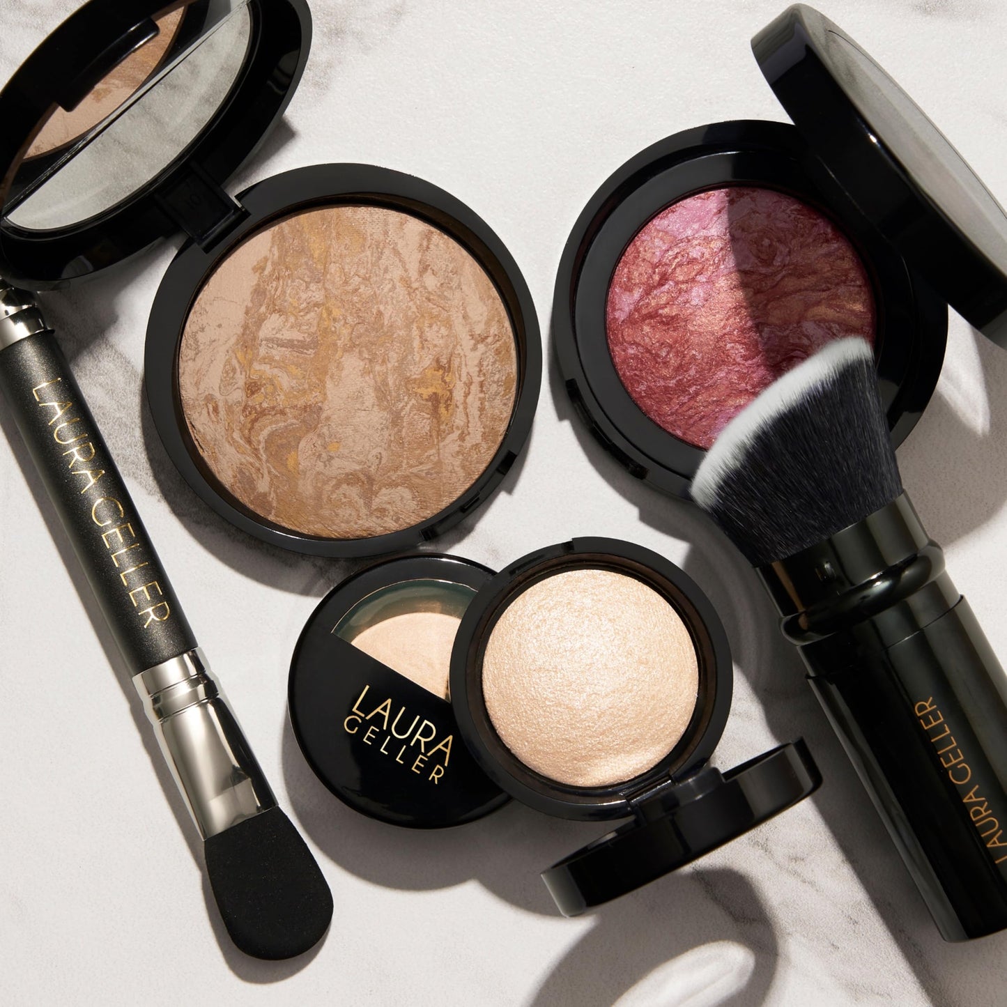 LAURA GELLER NEW YORK Daily Routine Kit (4 PC): Baked Balance-N-Brighten Foundation, Deep + Retractable Kabuki Brush + Blush-N-Brighten, Tropic Hues + Original Baked Highlighter, French Vanilla