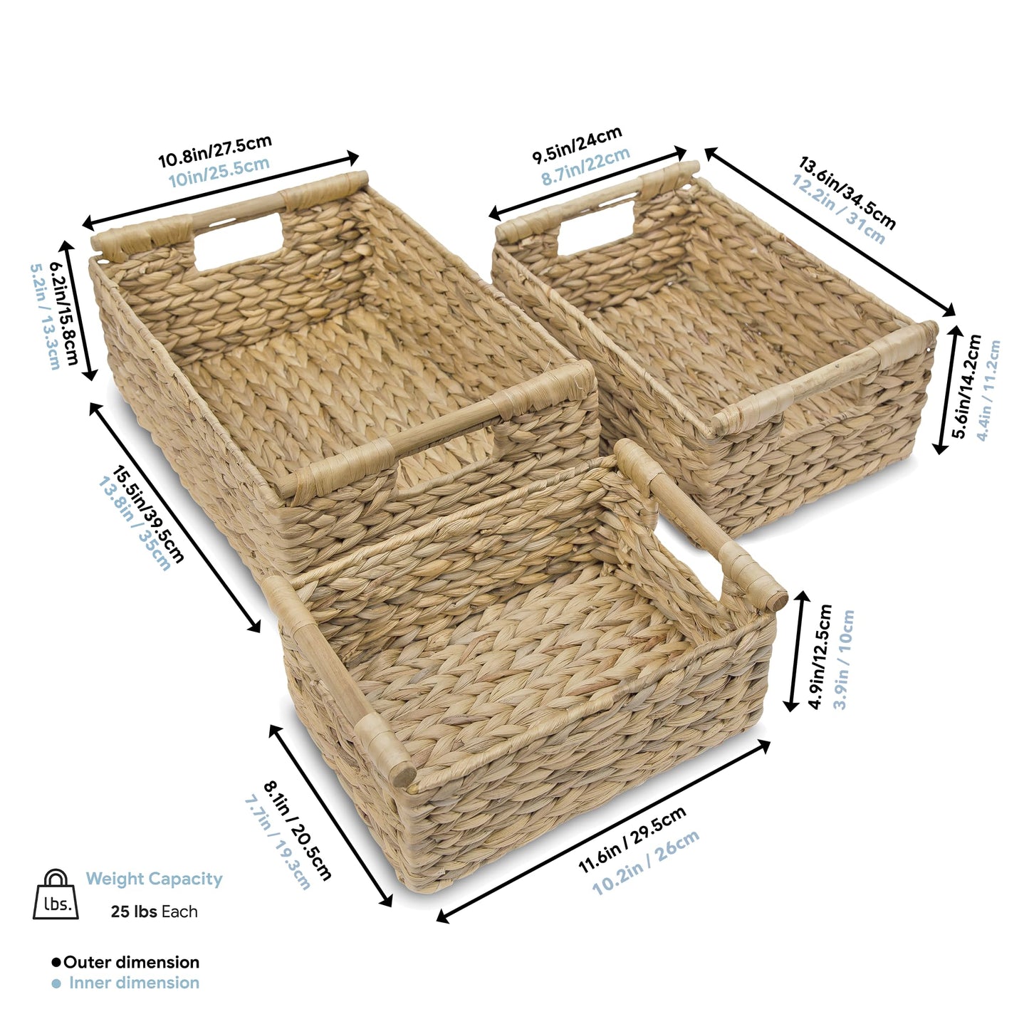 VATIMA Hyacinth Wicker Basket Set 3 size - Rectangular, Wooden Handles, Shelf Organizer, Natural Bins