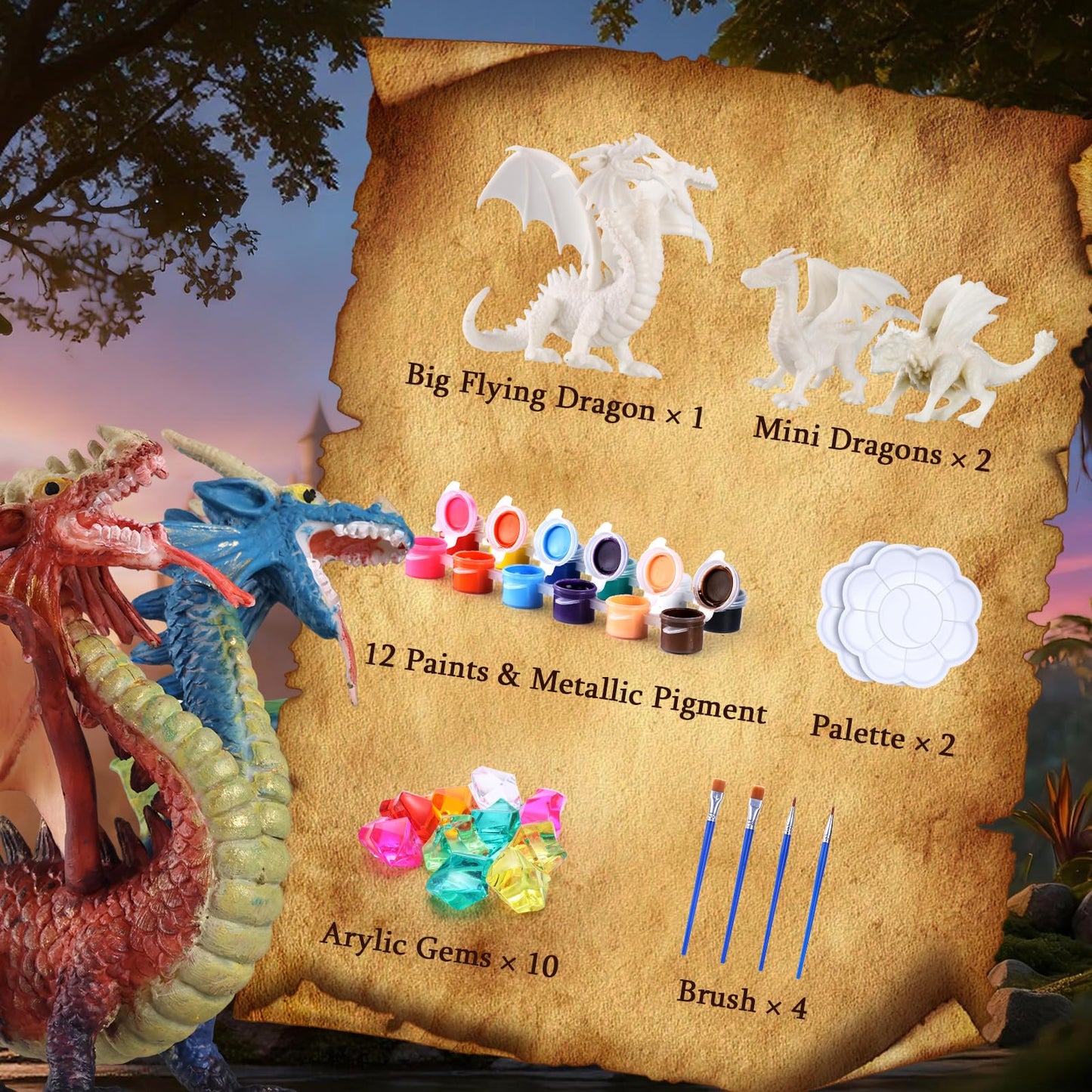Solday Dragon Toys Painting Kits for Kids Arts and Crafts Ages 3 6 5 7 9 12 Boys Girls to Paint Your Own Paintable Figurines Birthday Party Supplies - Twin Head Dragon