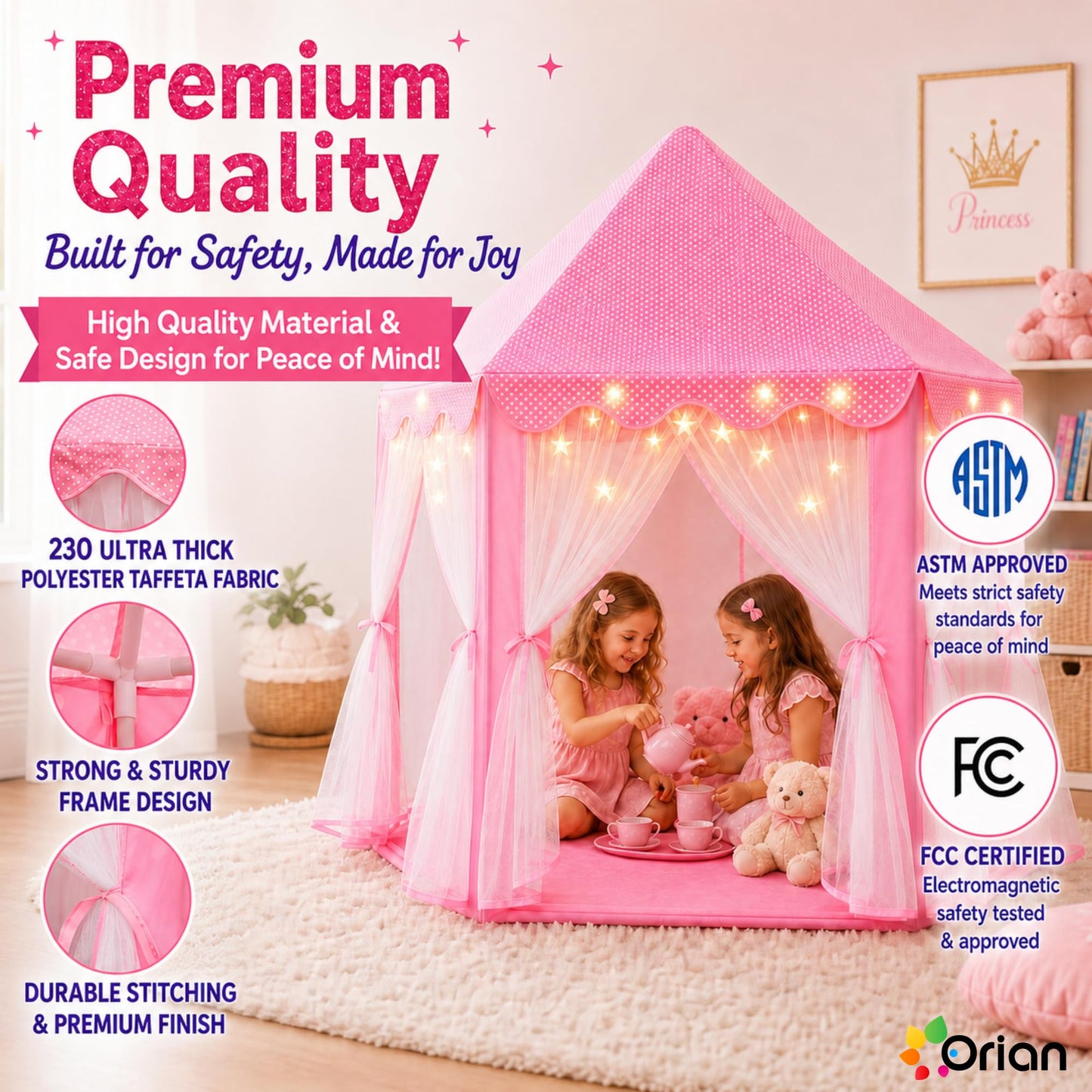 ORIAN Princess Castle Playhouse Tent for Girls with LED Star Lights – Indoor & Outdoor Large Kids Play Tent for Imaginative Games – ASTM Certified, Princess Tent, 230 Polyester Taffeta. Pink 55"x53".