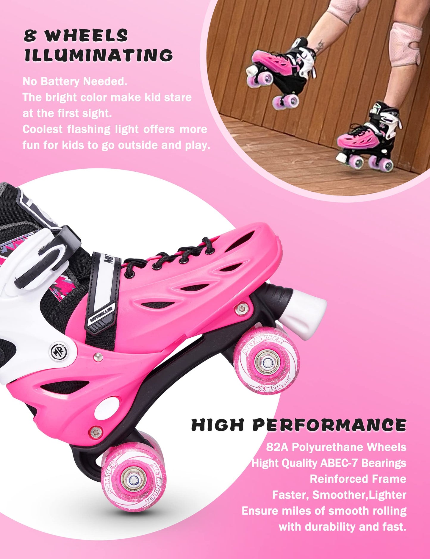 METROLLER Roller Skates for Girls and Boys Teens, Adjustable 4 Sizes for Kids Toddler Rollerskates with Light up Wheels, for Youth Women and Men