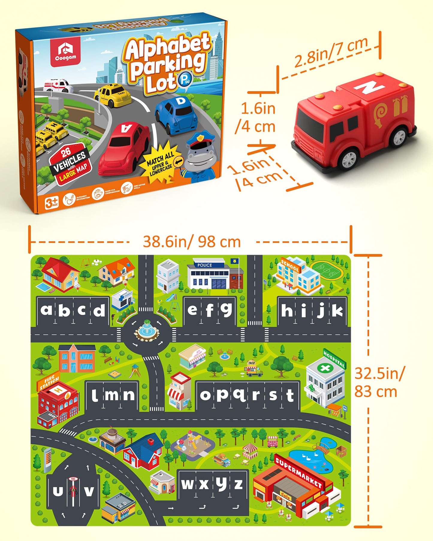 Coogam Alphabet Maze, 26pcs Pull Back Car with Play Mat Preschool Letter Matching Game for 3 4 5 Years Old, Educational Fine Motor Gift Toy for Toddler Kids
