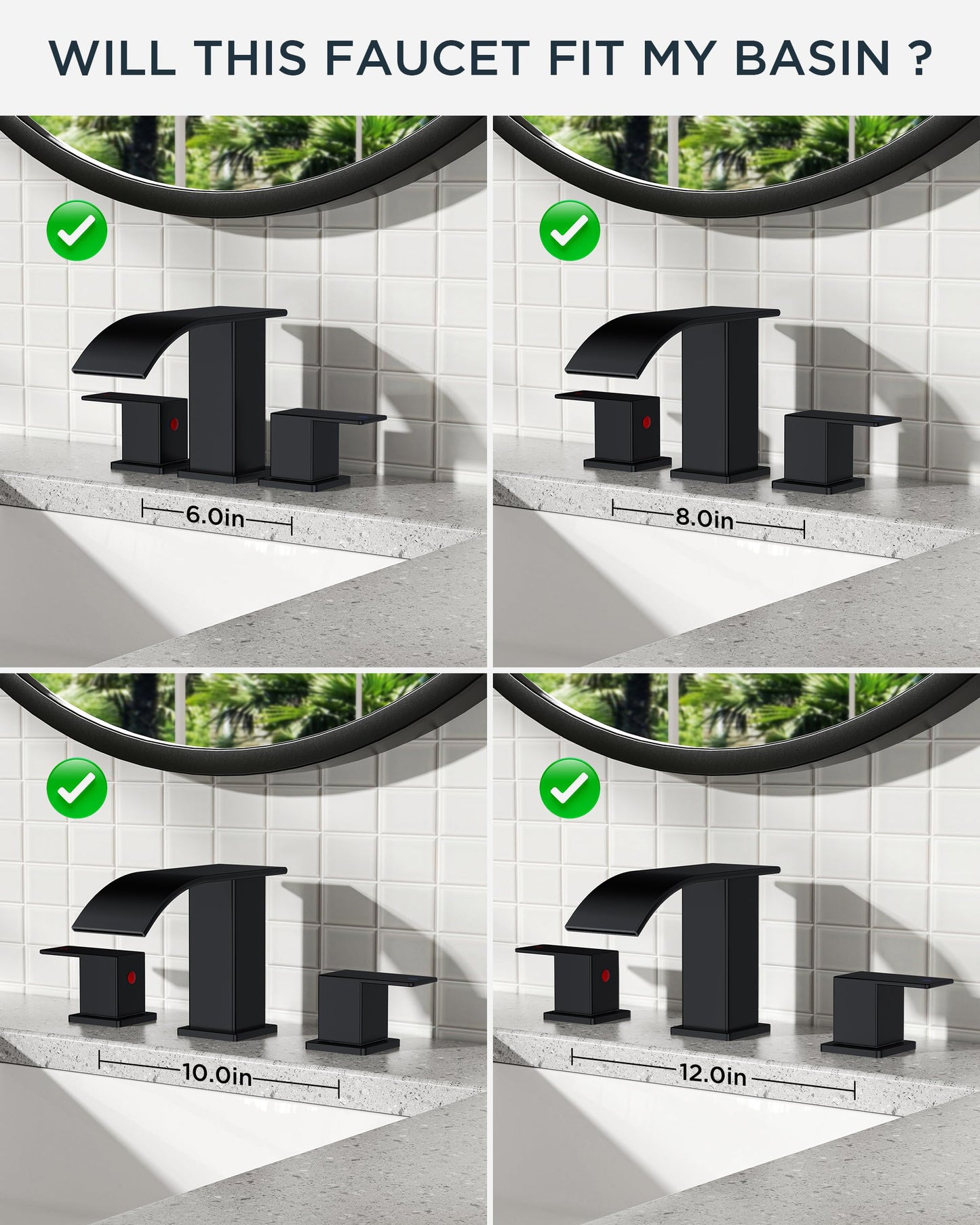 FORIOUS Square Matte Black Bathroom Faucets 3 Hole, Waterfall 8 Inch Widespread Bathroom Sink Faucet with Metal Pop-up Drain and Supply Lines, Two Handles for Vanity, RV, Farmhouse