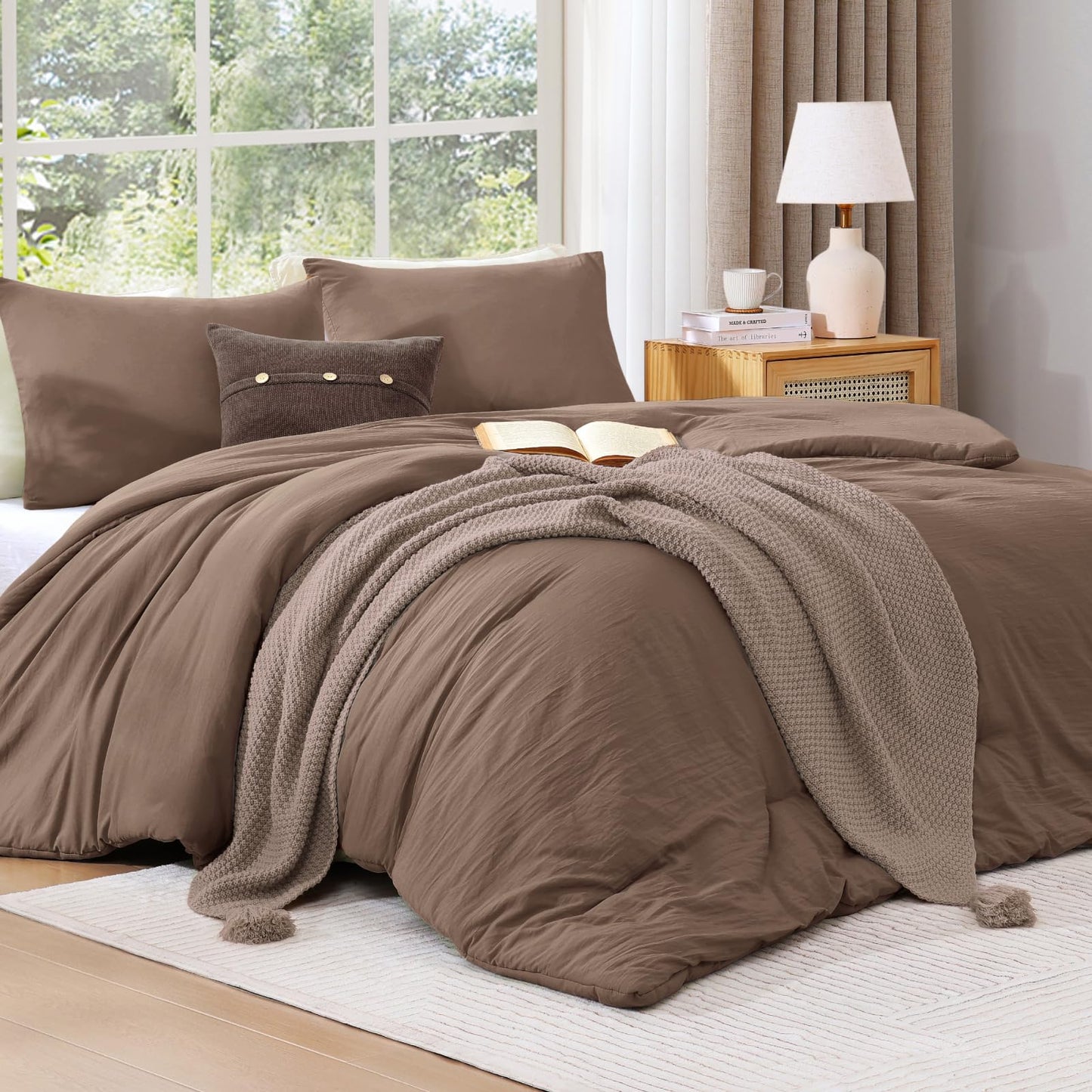 WRENSONGE Queen Comforter Set - 3 Pieces Prewashed Brown Comforter Soft Lightweight for All Seasons,Down Alternative Comforters Queen Size with 2 Pillow Shams