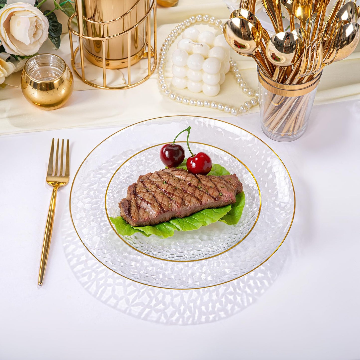 Rubtlamp 150Pcs Plastic Plates, Heavy Duty Clear Plates With Gold Rim, Hammered Gold Dinnerware Set Include 30 Dinner Plate, 30 Dessert Plate, 90 Plastic Silverware