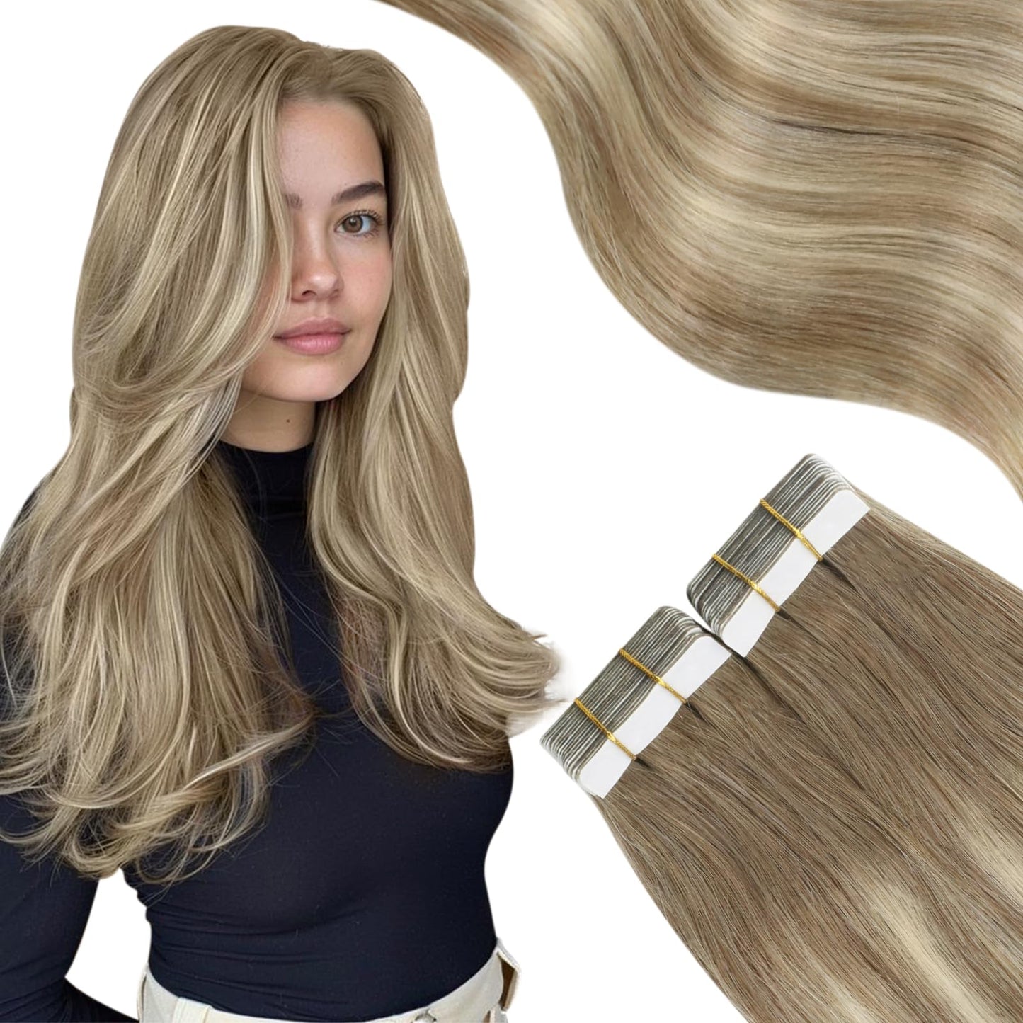 Moresoo Tape in Hair Extensions Human Hair Brown Real Hair Tape Hair Extensions Ombre Light Brown and Platinum Blonde Human Hair Extensions Tape in Fashion Seamless 18 Inch 20Pcs/50g #8/22/8