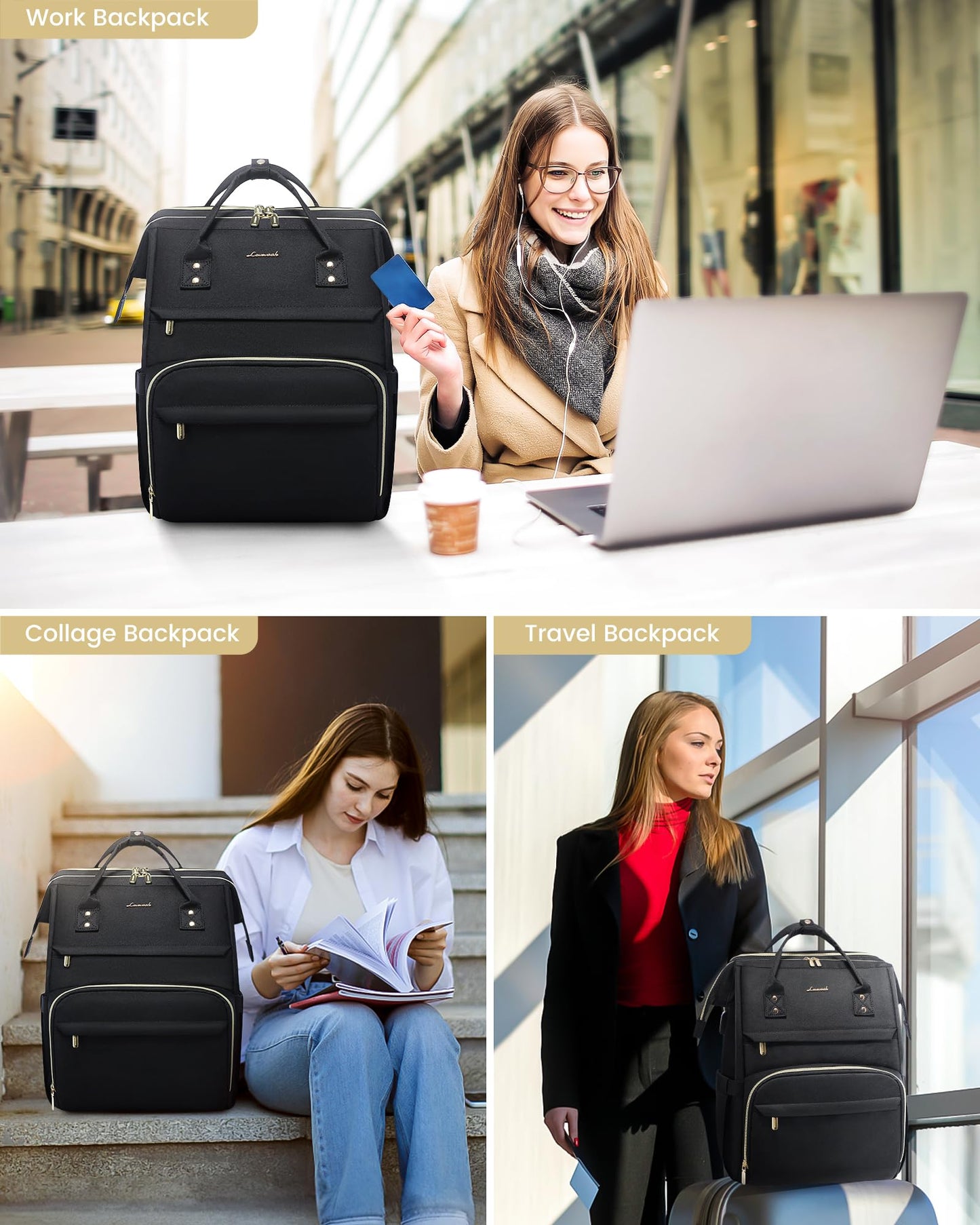 LOVEVOOK Laptop Backpack for Women, Travel with Compartment, Water Resistant Teacher Nurse Backpack, Anti-theft Back Pack Charger Work Doctor, 15.6-Inch, Black