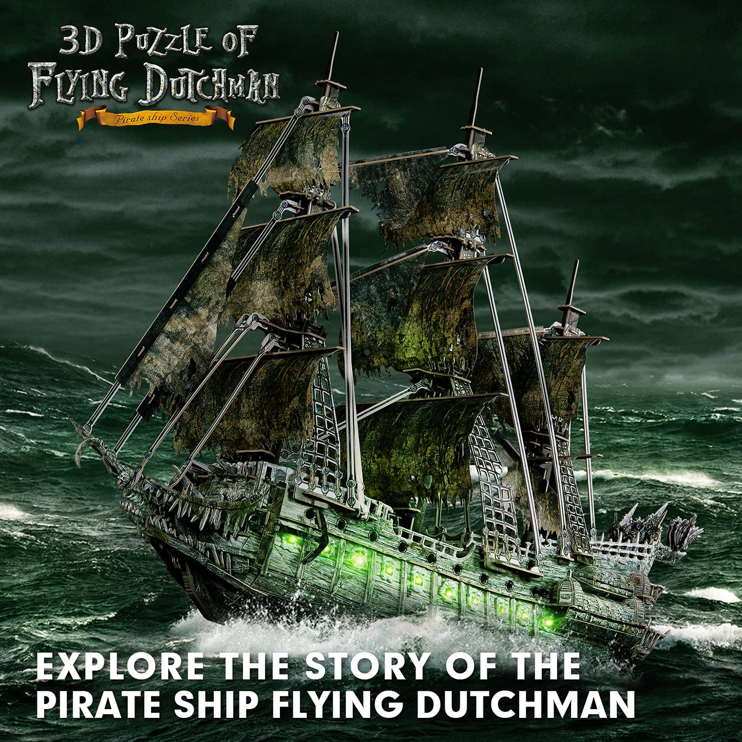 CubicFun 3D Puzzles for Adults Crafts for Adults Gifts for Men Women Green LED Flying Dutchman 360 Pieces Pirate Ship Family Games Birthday Gifts for Men, Lighting Ghost Ship Room Decor Model Kits