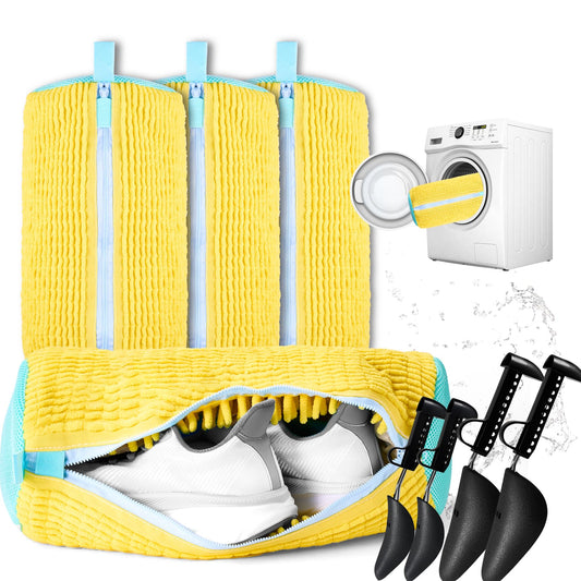 CinGiiCo Shoe Washing Machine Bag, 4 Pcs Laundry Shoe Bag For Washing Machine, With 4 Boot Stretcher (L 6-12.5 & S 5-10.5), 360°Deep Cleaning, Fit Most Shoes Types