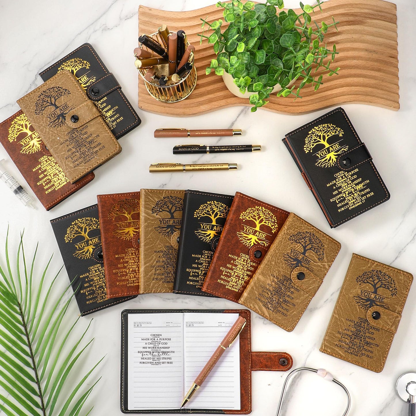 Thenshop 24 Set Christian Father's Day Church Gifts Tree of Life Leather Prayer Journal Man of God Notebook Religious Notepad with Pen Baptism Gift for Pastor Dad Men (Black Brown)
