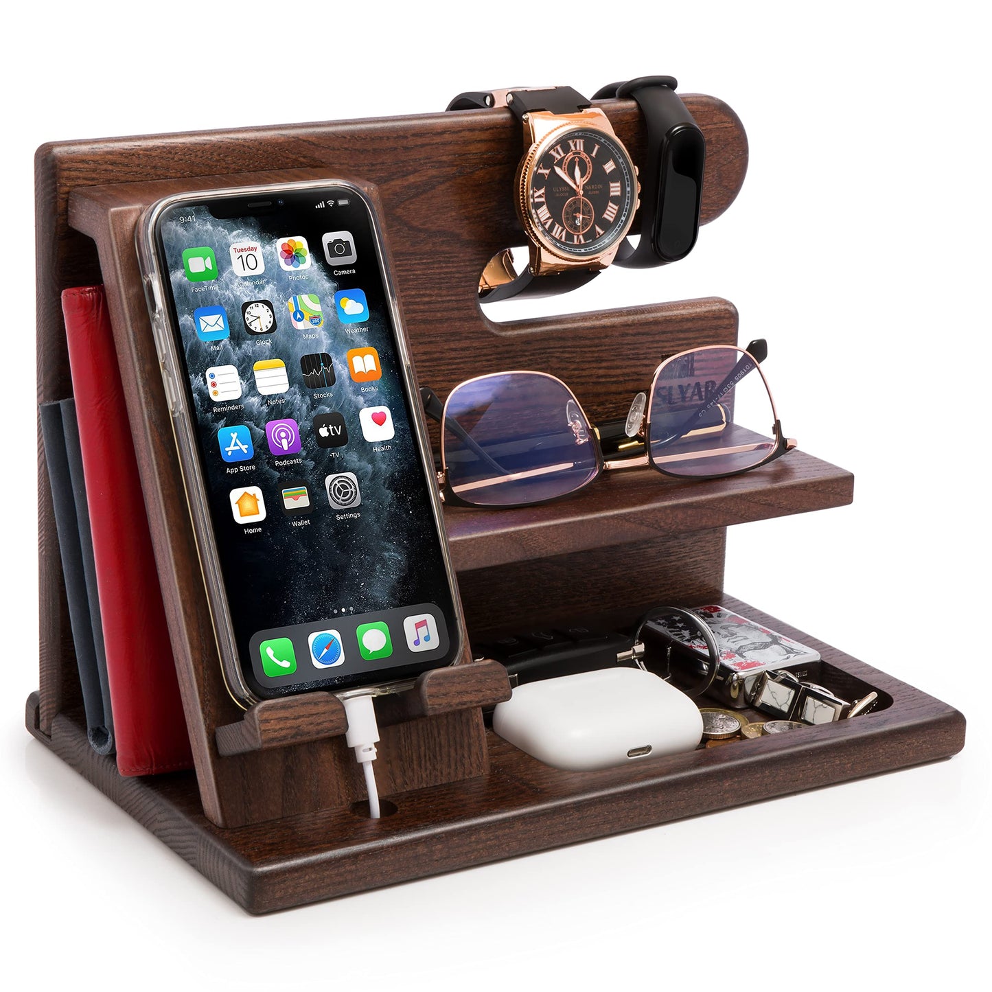 TESLYAR Wood Phone Docking Station - Nightstand Organizer - Desk Organizer for Husband - Birthday Gifts for Men, Dad - Idea for Anniversary from Wife - Key Holder - Stand Wallet & Watch (Deep Brown)