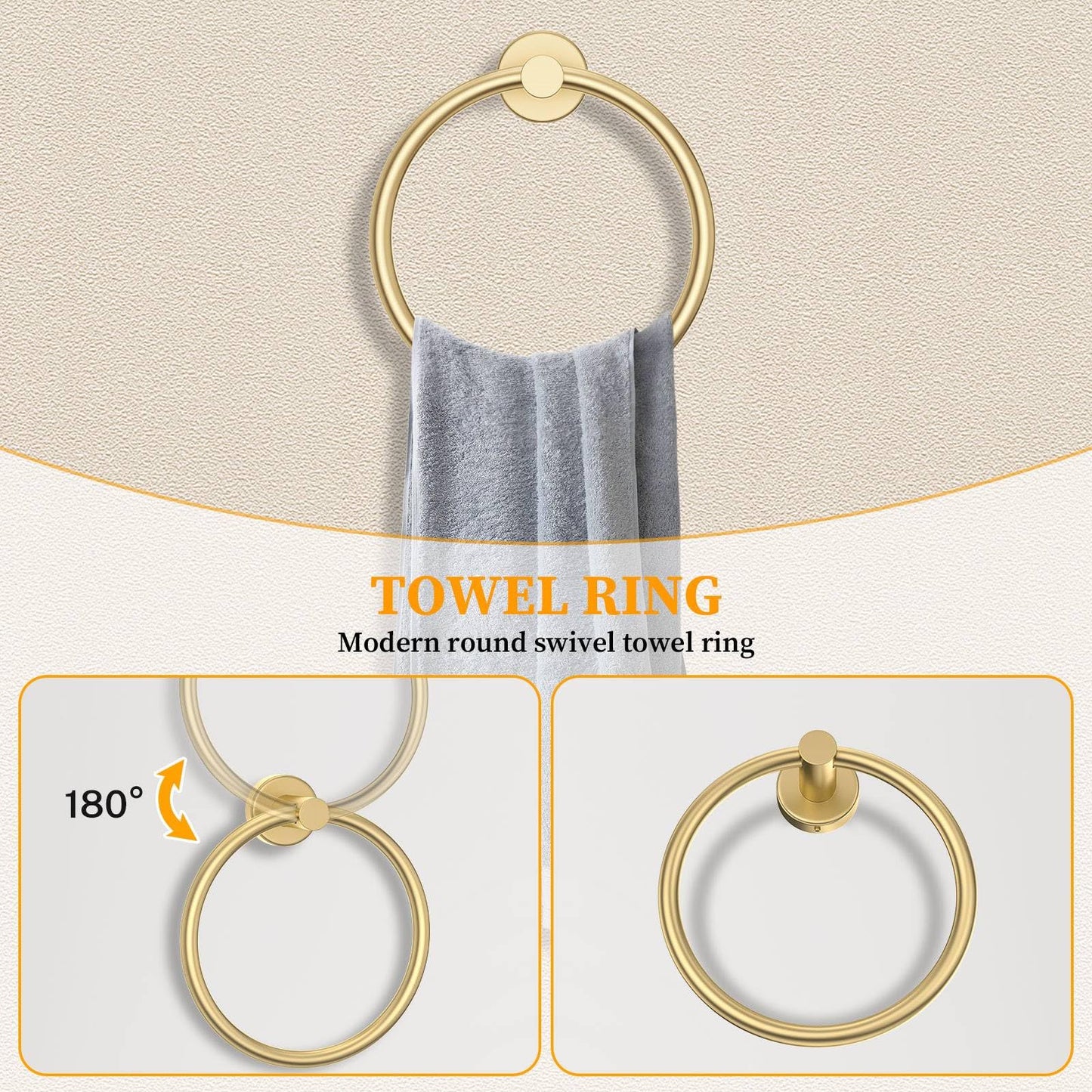 Brushed Gold Towel Bar Set 10 Pieces Round Bathroom Hardware Set Includes 23.6in Towel Bar Towel Ring Toilet Paper Holder Towel Hooks Stainless Steel Wall-Mounted Bathroom Towel Holder Set