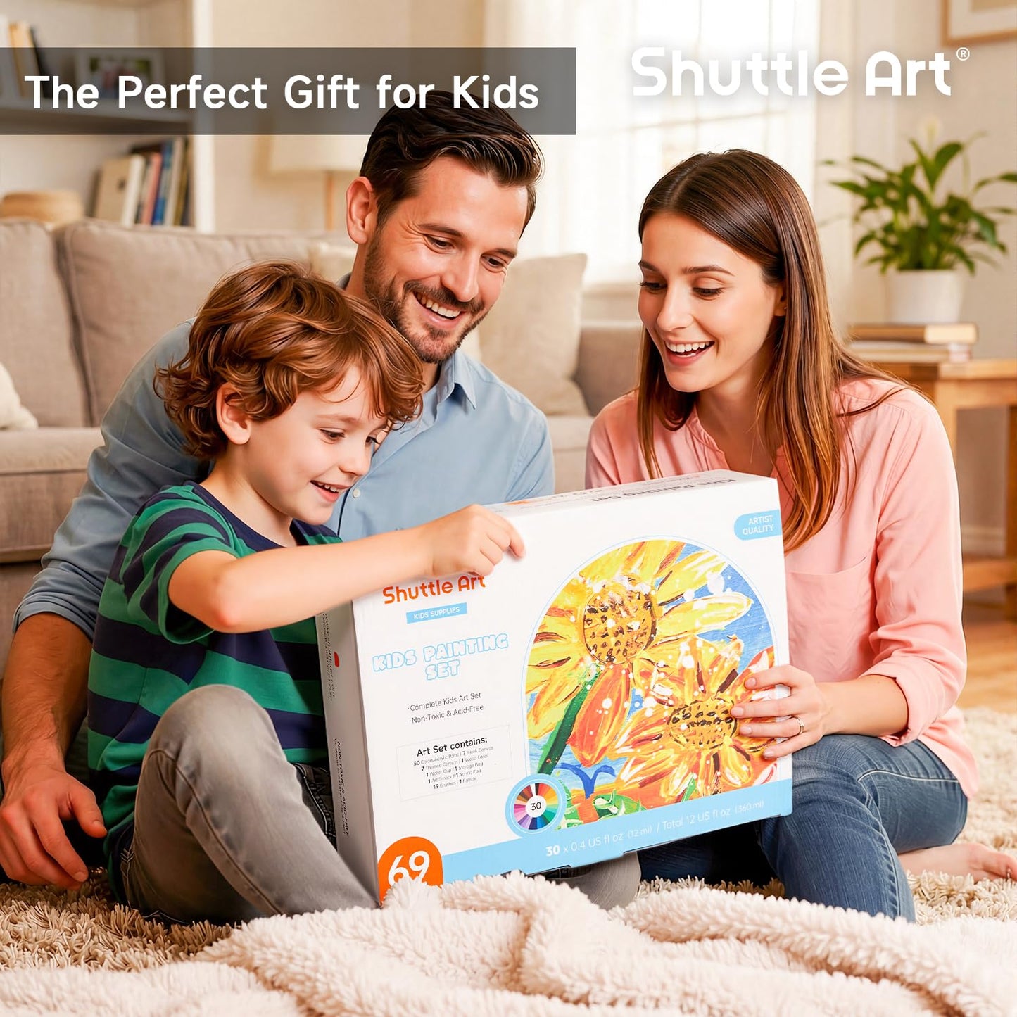 Shuttle Art 69 Pack Kids Paint Set, Art Set for Kids with 30 Colors Acrylic Paint, Wood Easel, Canvas, Painting Pad, Brushes, Palette and Smock, Complete Paint Set for Boys and Girls (package may vary)