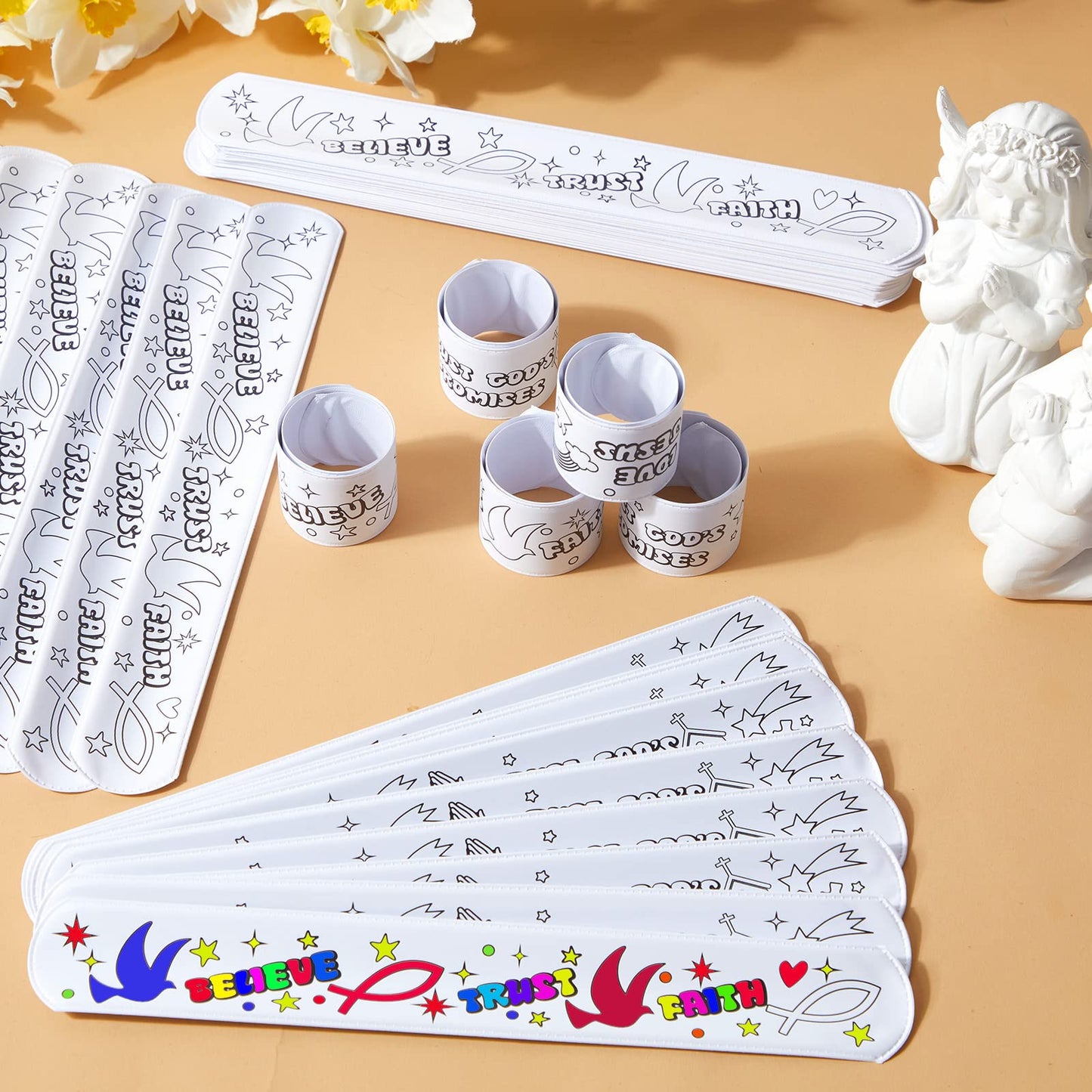 Color Your Own Faith Slap Bracelets Jesus Bracelets for Easter Kids Christian Religious Craft Blank Slap Bands with Religious Sayings for Sunday School Crafts Coloring DIY Gifts, 3 Styles(150 Pcs)