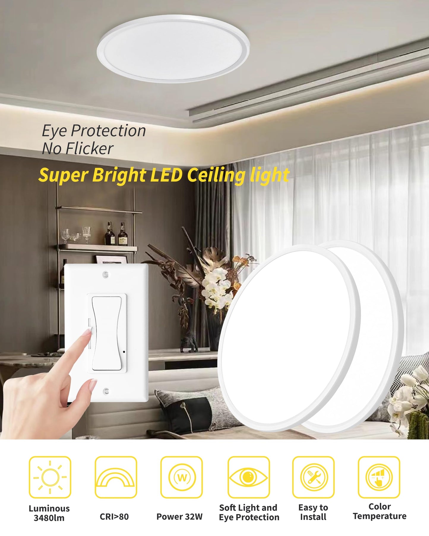2Pack 16 Inch Dimmable LED Flush Mount Ceiling Light Panel,32W 3480LM,3000K/4000K/6000K CCT Selectable,Ultra Thin Round Black Ceiling Light Fixture for Hallway Kitchen Bedroom Home Office Bathroom