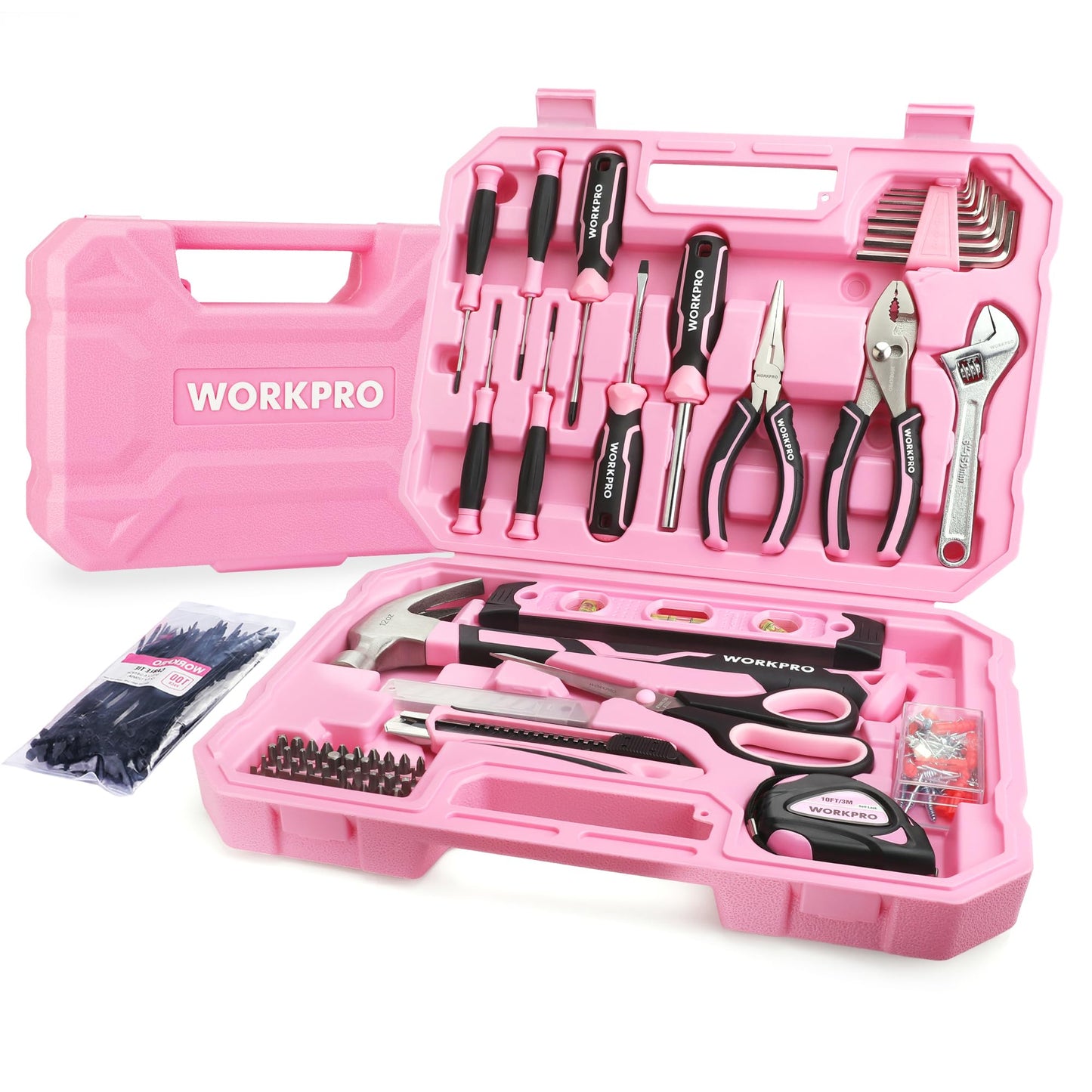 WORKPRO Pink Tool Set, 258 PCS Tool Kit for Women, Basic Household Tool Box with Hammer, Screwdriver Set, Portable Toolkit for Home Repair, New Apartment, House-Warming, DIY - Pink Ribbon