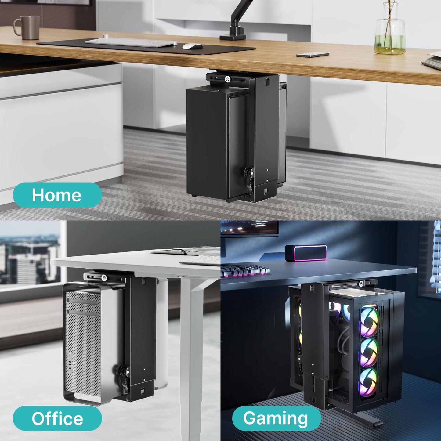 PEGZONE Adjustable Under Desk PC Mount, 3.5 to 8 Inch Wide Computer Tower Holder with Locking Handle,360 Degree Swivel Adjustable Height and Width, Black