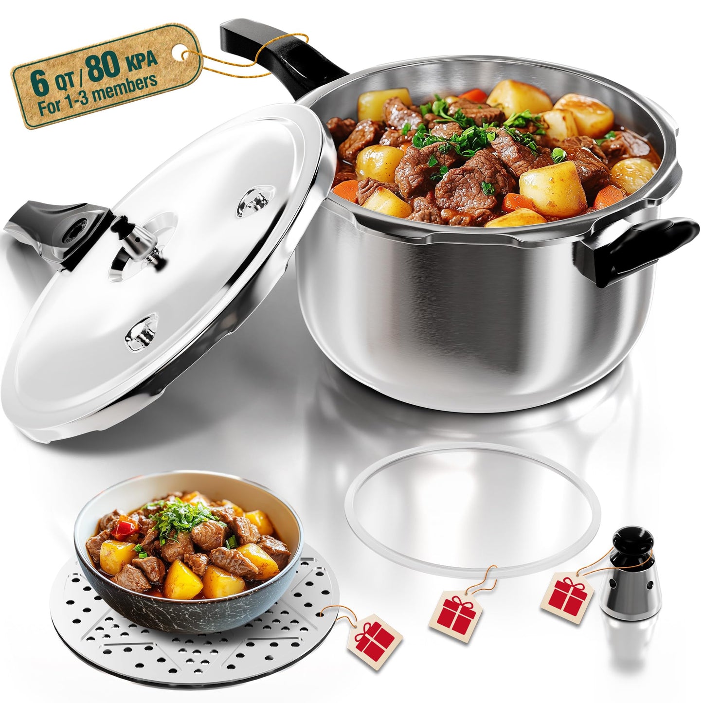 WantJoin Pressure Cooker, 6 Quart Stainless Steel Pressure Canner, Induction Compatible Cookware with Spring Valve Safeguard Devices,Compatible with Gas & Induction Cooker