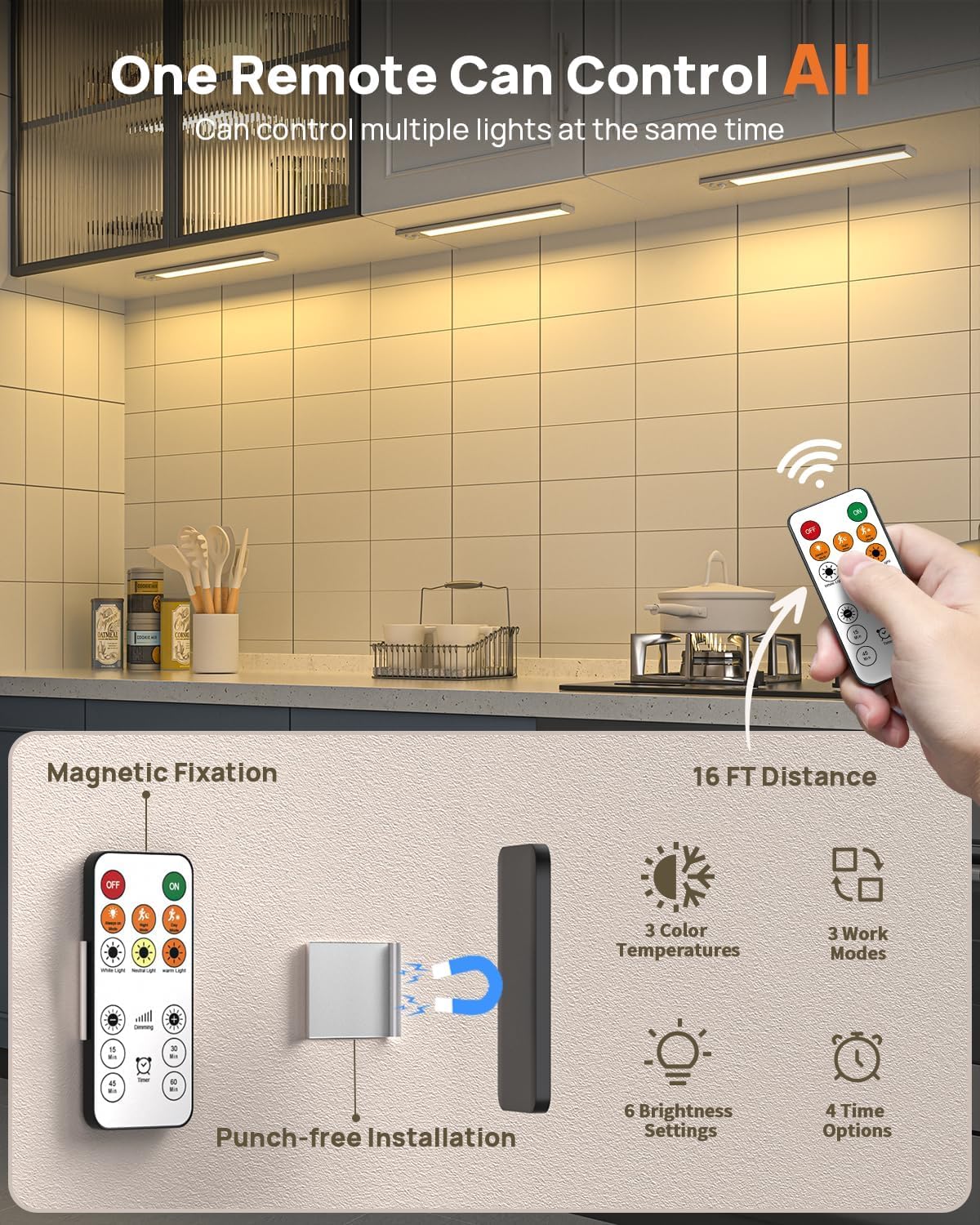 16in Under Cabinet Lighting with Remote, LED Motion Sensor Light Indoor, Rechargeable Closet Lights Wireless, Dimmable, 3 Color Temps, Magnetic Under Counter Lights for Kitchen, Pantry, Stair, 5 Pack