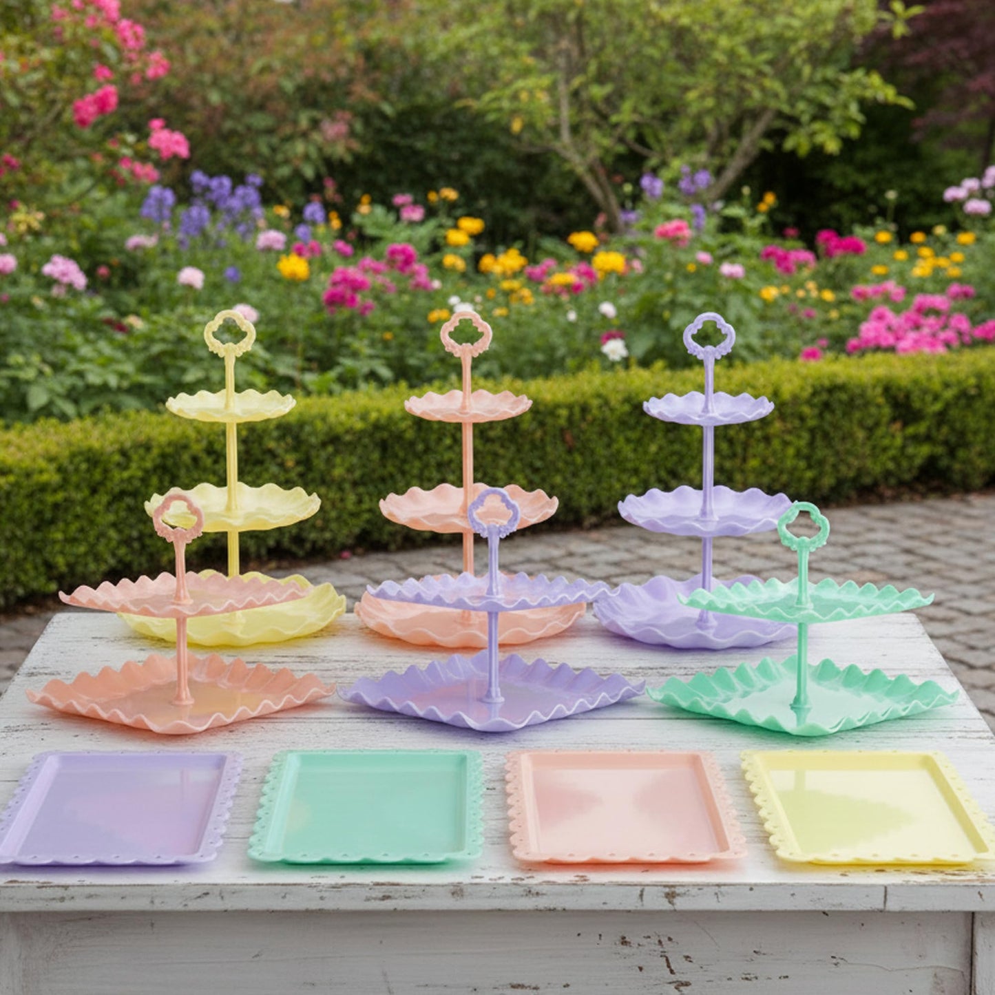 Pack of 11 NWK Cake Stand Set, with 3 x Two-Tier and 3 x Three-Tier Cupcake Stands, 4 x Appetizer Trays, 1 x Tablecloth for Birthday Bridal Baby Shower Party (Colorful)