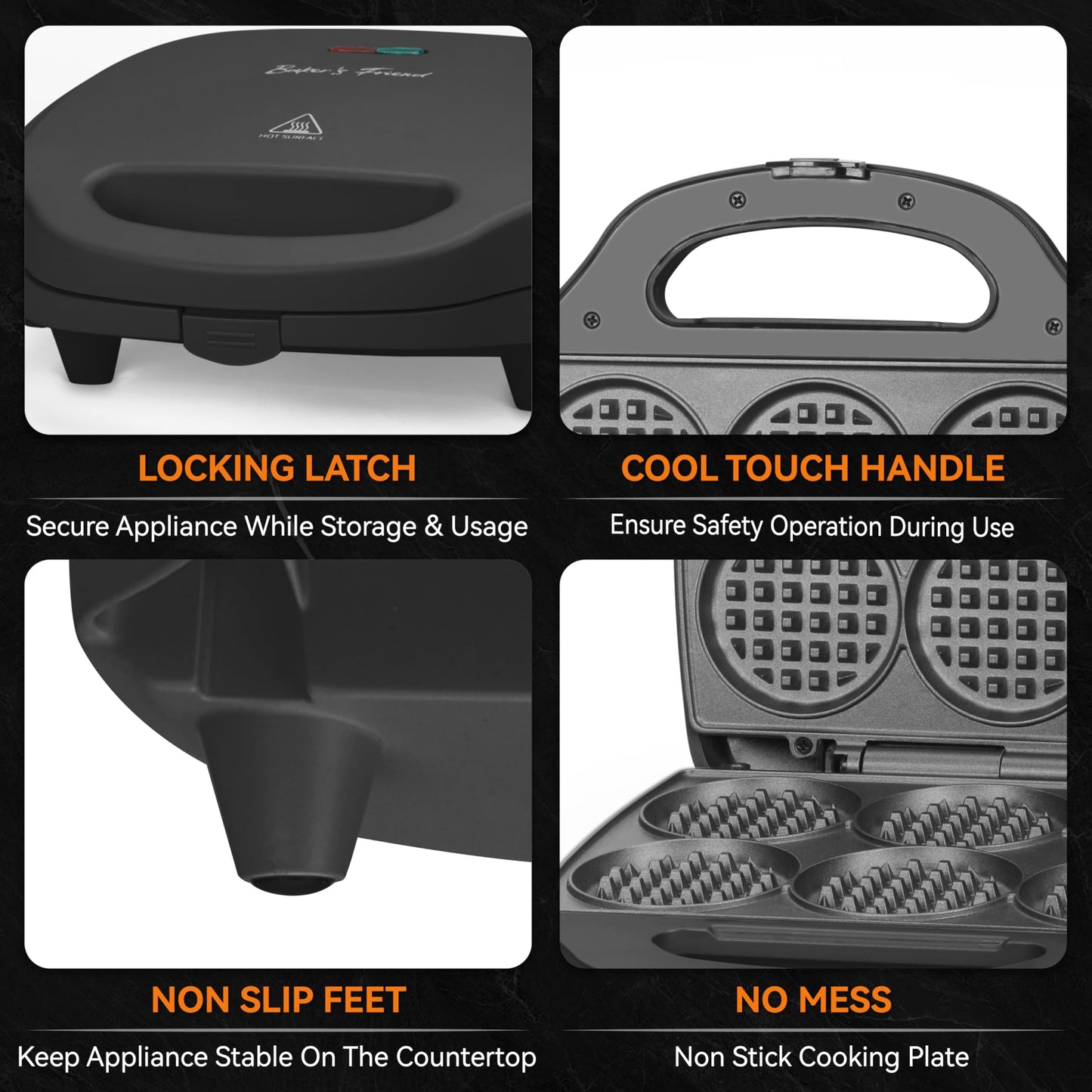 Baker's Friend Multi Mini Waffle Maker Machine, 6 x 3'' Small Waffle Iron, Perfect for Families and Individuals Use, Excellent Choice for Breakfast Brunch Parties & Events, Graphite