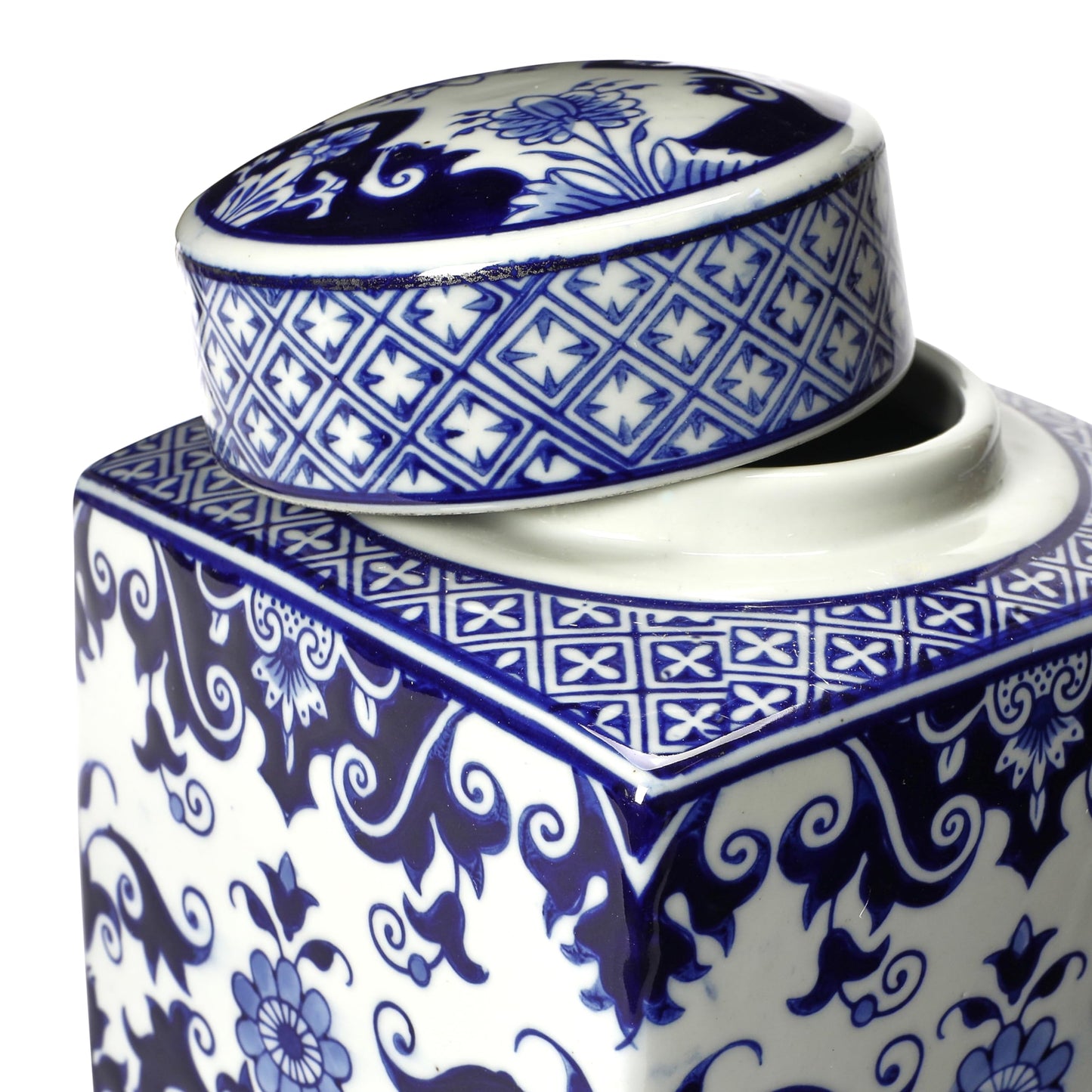 Creative Co-Op Decorative Square Ceramic Ginger Jar with Lid for Small Spaces, Blue and White