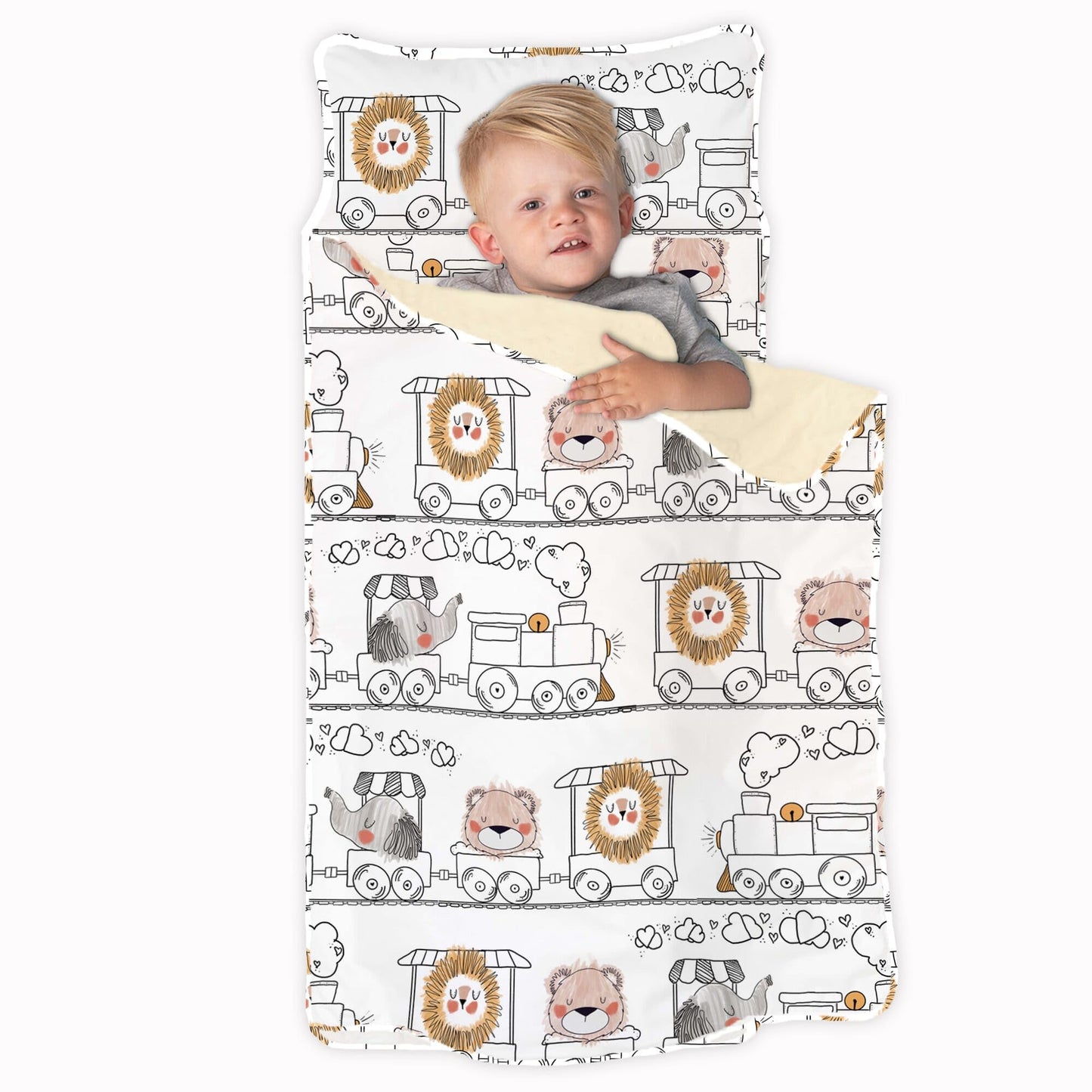 JumpOff Jo Nap Mat for Kids - Cozy Kids Rest Mat with Removable Pillow and Ultra Soft Blanket for Preschool, Daycare, and Sleepovers - Zoo Train