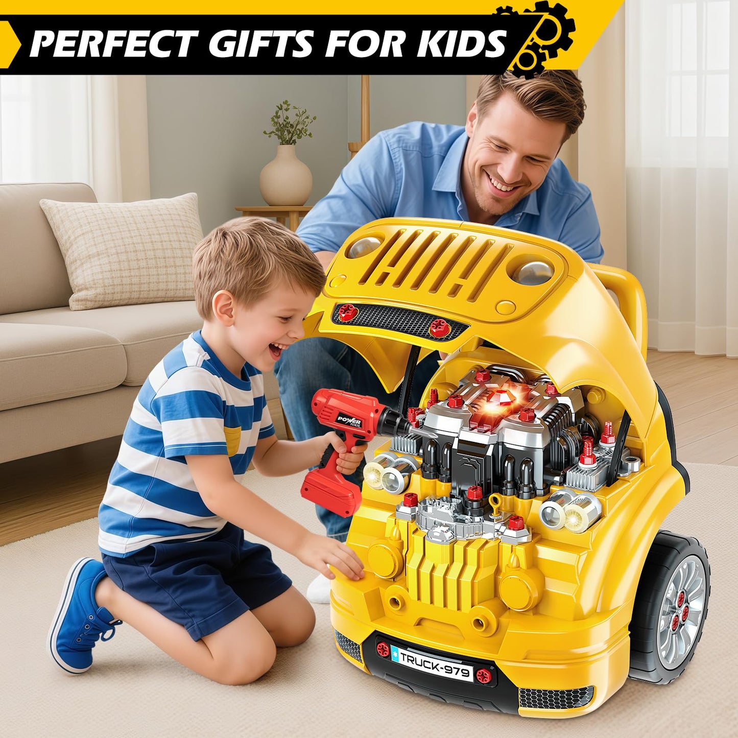 Jumlys Toys for 3, 4, 5, 6, 7, 8 Years Old Boys, Large Truck Engine Toys for Kids 3-5, 5-8 Years Old, Mechanic Repair Set for Boys, Big Truck Builder Kit, Ideal Christmas, Birthday Gifts