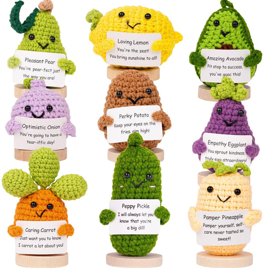 Cheerspace Cheerpal Veggies — Crochet Veggie Pack w/Stand (9 pc) Handmade Crochet Figurines Decor - Desk, Office, Coworker, Friend | Gifts for Women, Teen Girls, Mom, Girlfriend