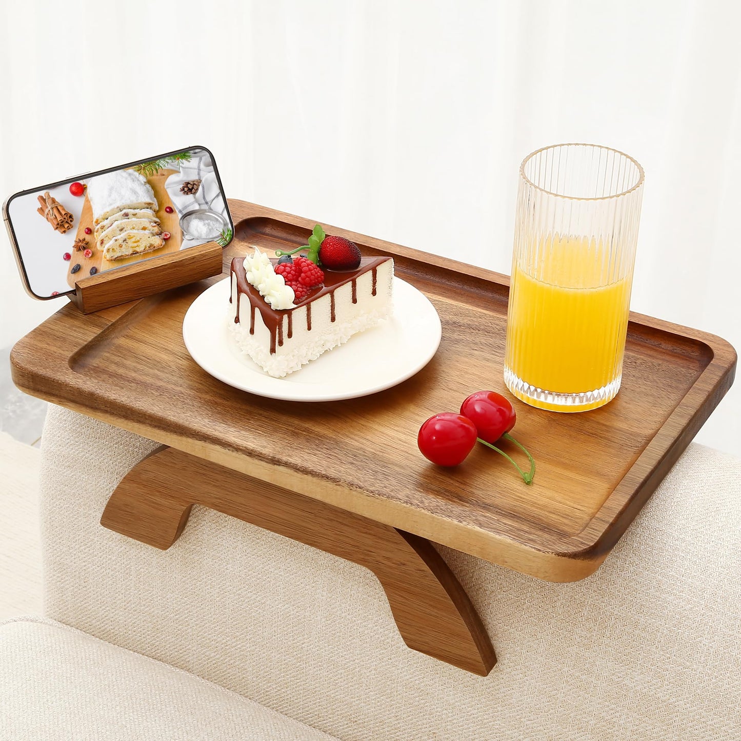 SINWANT Couch Arm Table, Acacia Wood Sofa Arm Rest Tables Couch Armrest Table with 360° Phone Holder,Portable Sofa Armrest Tray for Drink Snacks