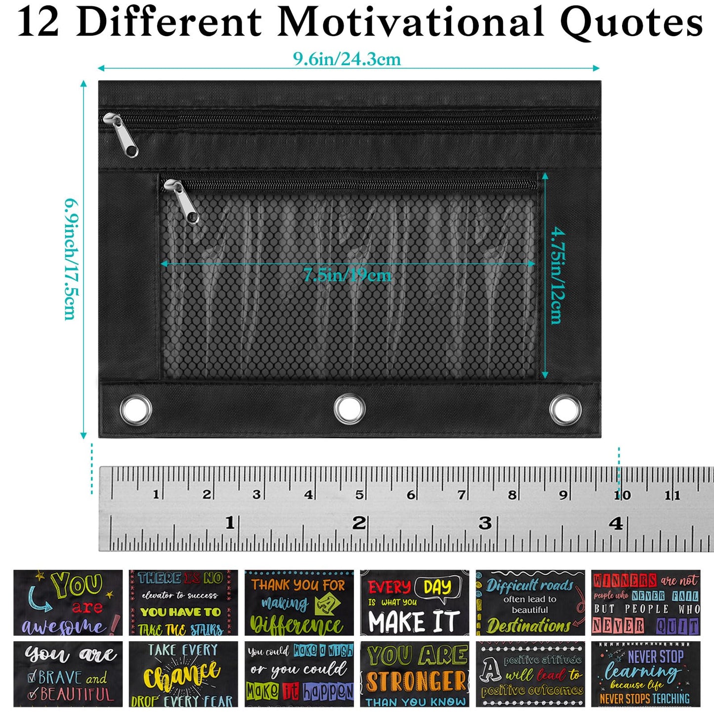 Honoson 36 Pieces Pencil Pouch for 3 Ring Binder Bulk Inspirational Pencil Pouch Double Zip Zipper Pencil Bag for Classroom Binder Cosmetic Bag Pencil Folder Case for School Students Teacher Supplies