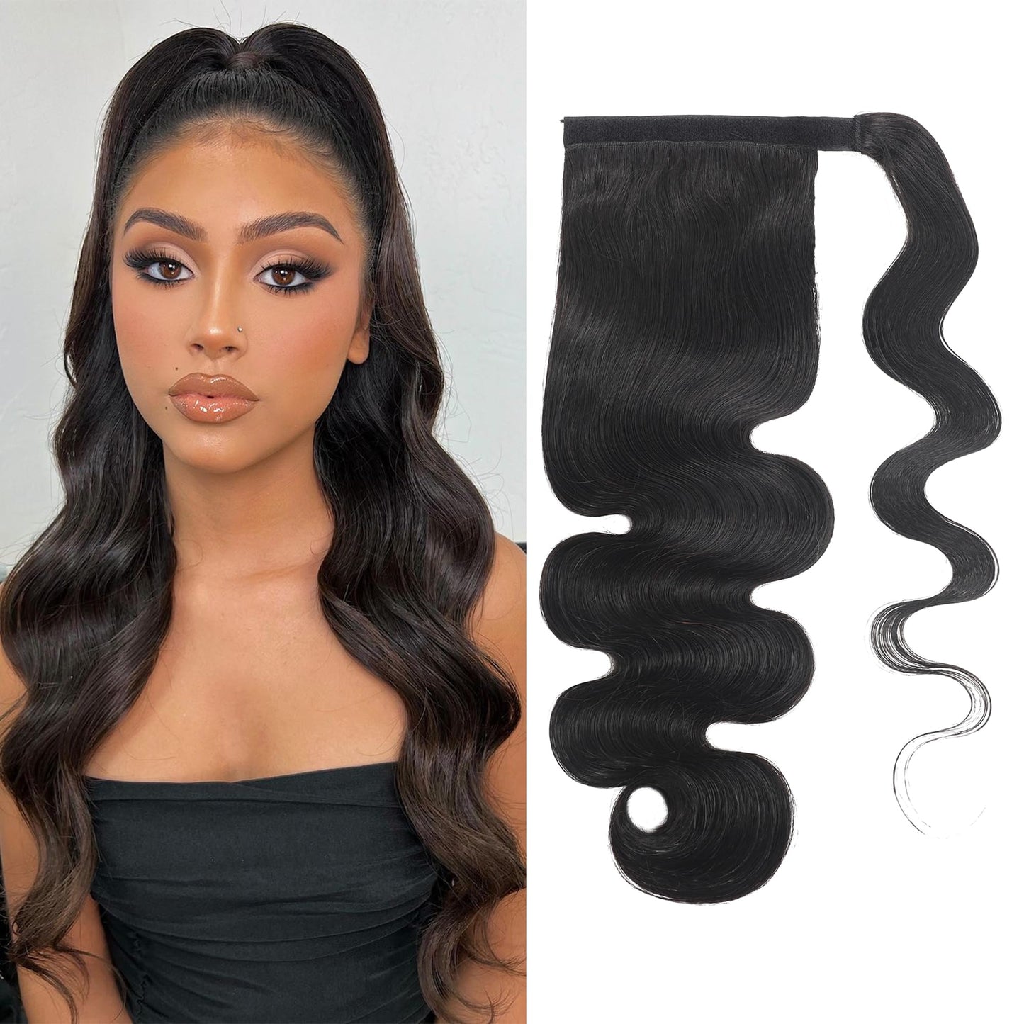 Human Hair Body Wave Ponytail with Magic Paste Warp Around Curly Human Hair Ponytail for Black Women 150% Density Natural Black Human Hair Ponytail Extension (22 Inch, Black Body Wave Ponytail)
