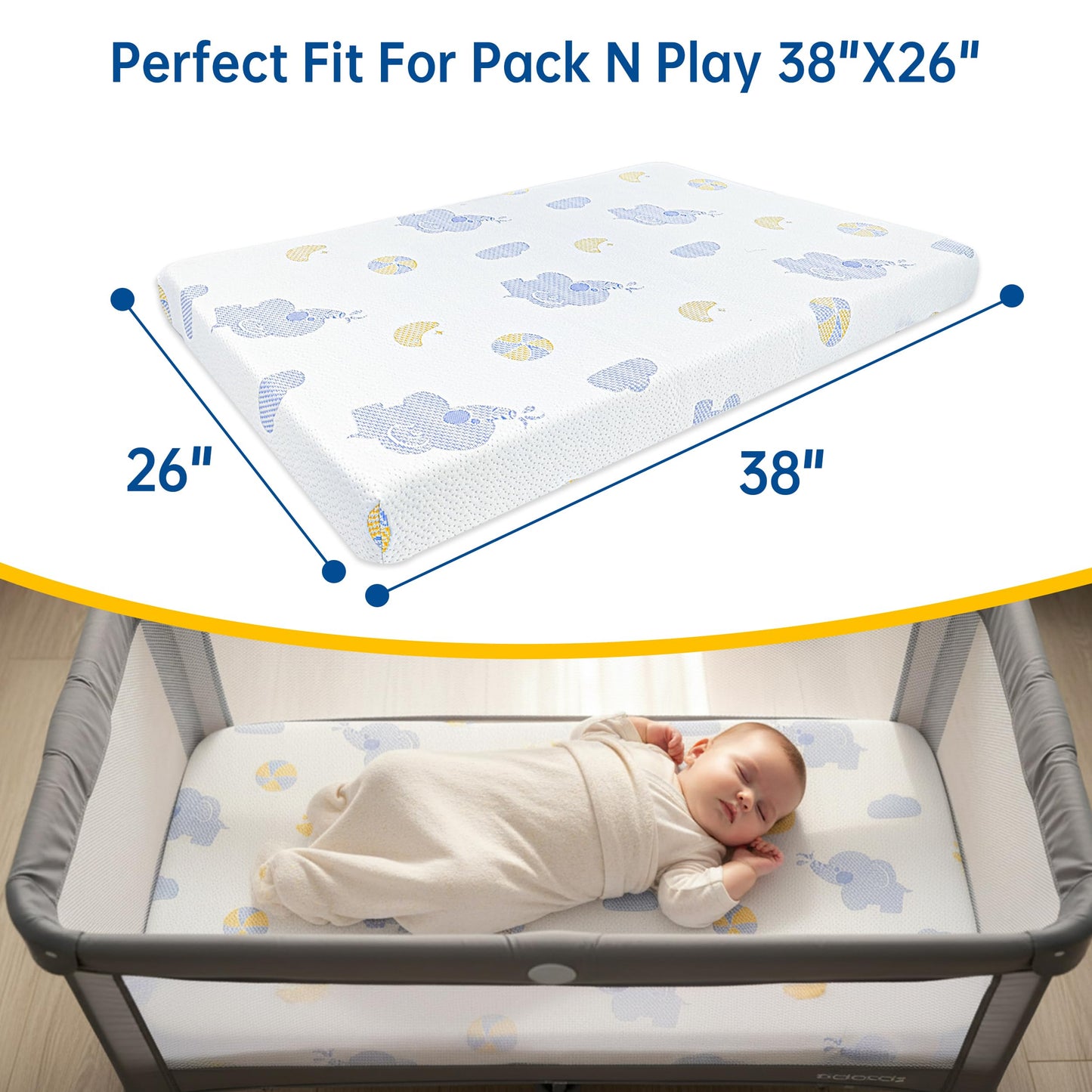 WEVFGHI Pack and Play Mattress Pad, 38"x26" Dual Sided Soft & Firm Memory Foam Pack N Play Mattresses, Breathable Mattress for Pack N Play Mattress with Non-Slip Bottom Washable Cover
