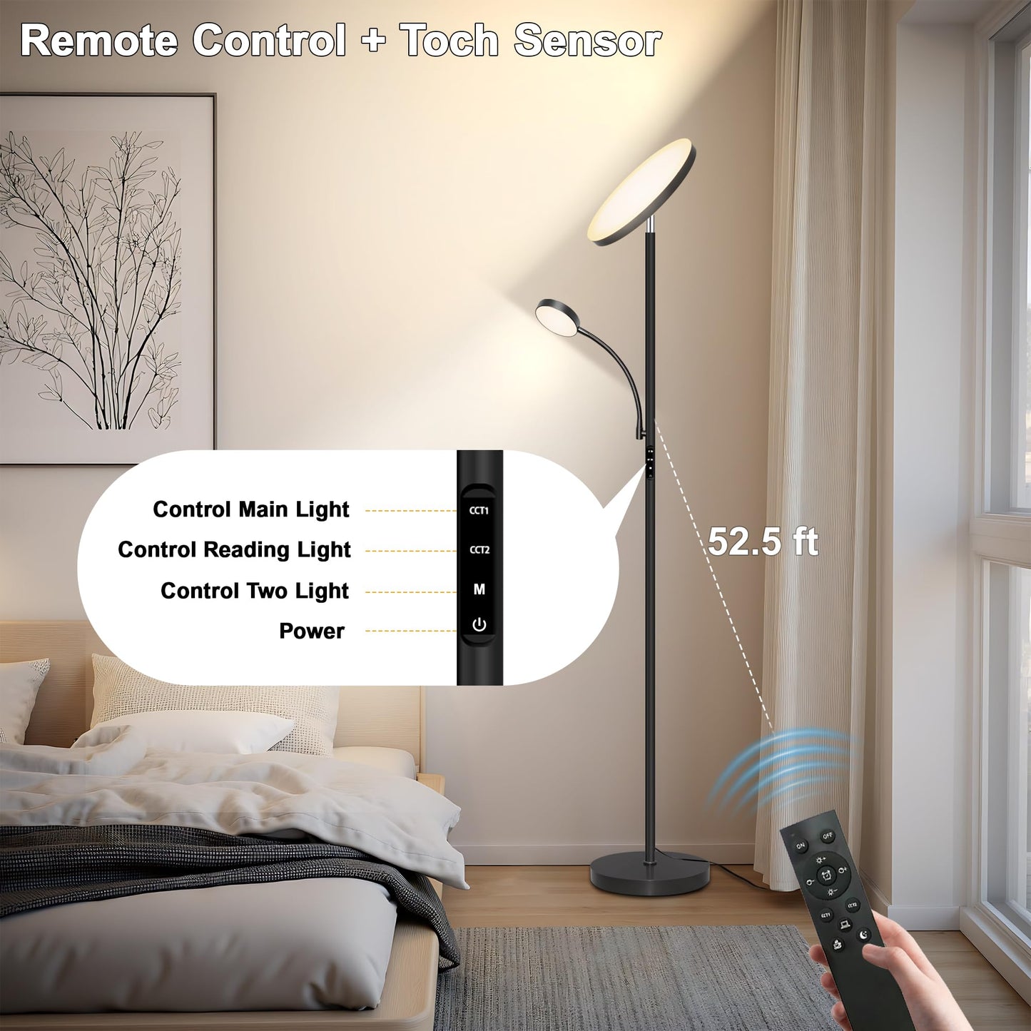 Floor Lamp-42W/4200LM Super Bright Floor Lamp,Dimmable 2-in-1 LED Floor Lamp for Bedroom,Torchiere Floor Lamps with Remote & Touch Control,69" Tall Standing Lamp for Living Room,Office,Reading,Black